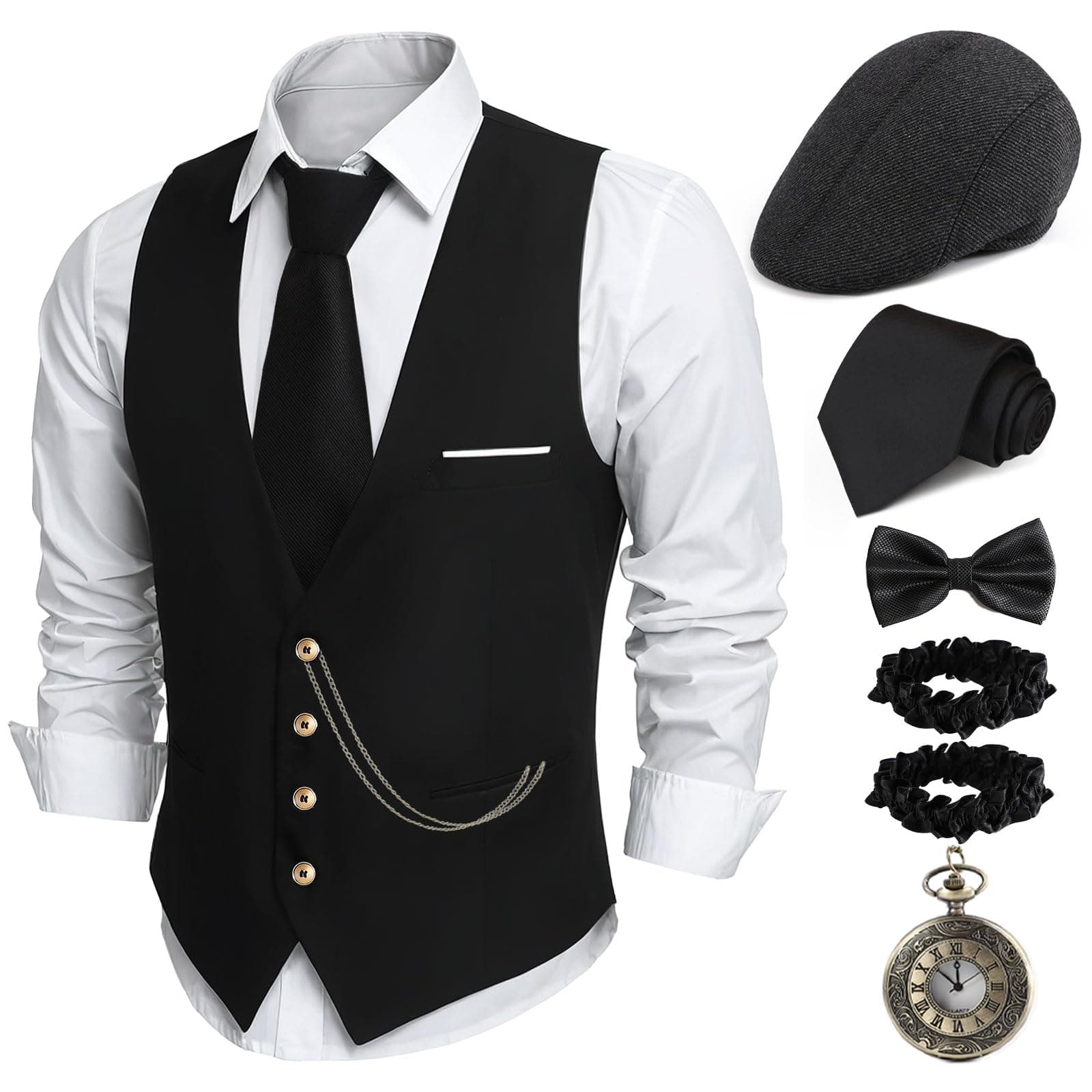 1920s Mens Costume,Roaring 20s Costumes for Men,1920S Mens Outfit Accessories with Vest Hat Pocket Watch Tie Armband