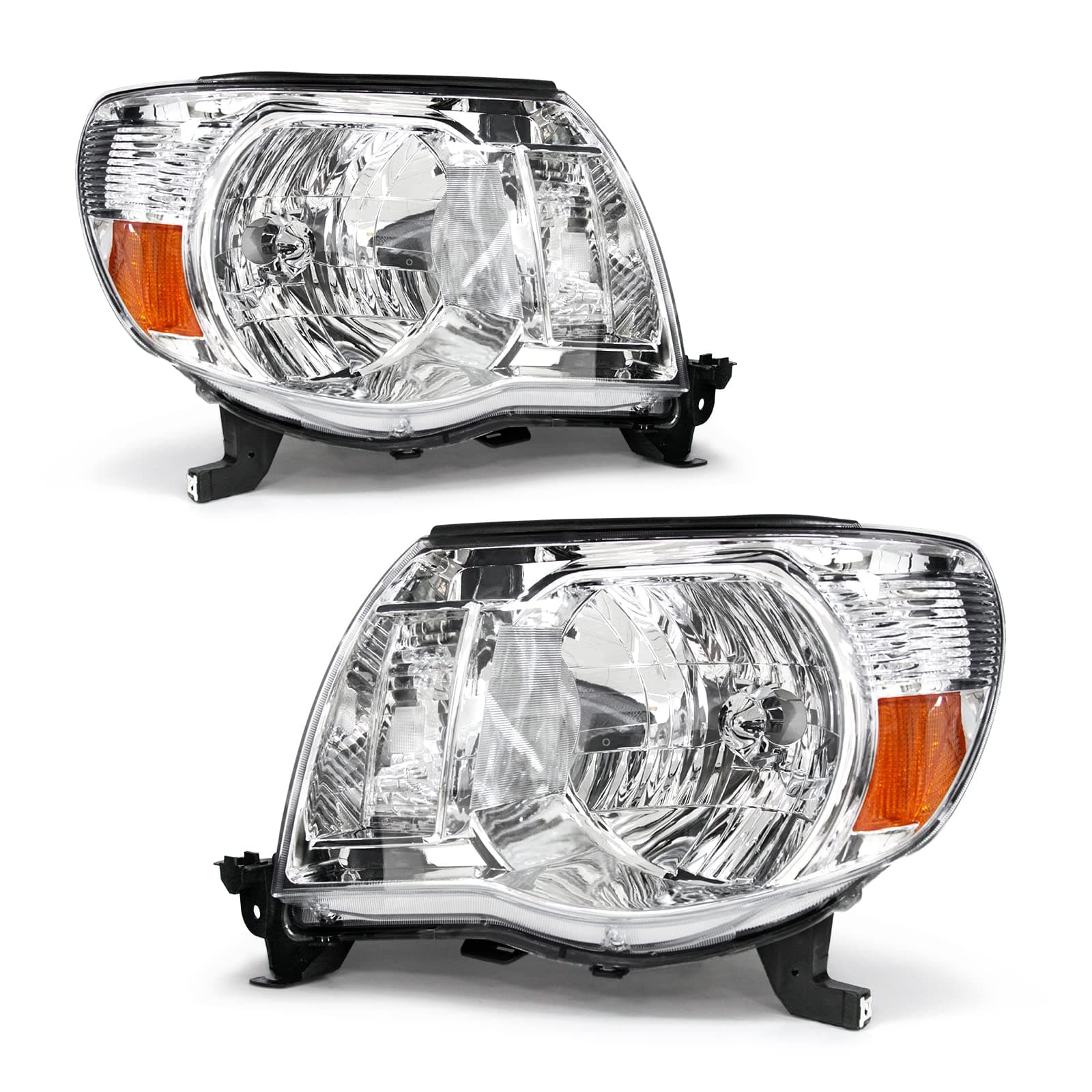 Headlights assembly Compatible with 2005 2006 2007 2008 2009 2010 2011 Toyota Tacoma Pickup Truck Headlights Chrome Housing Amber Reflector Driver and Passenger Side（W/O Bulbs）
