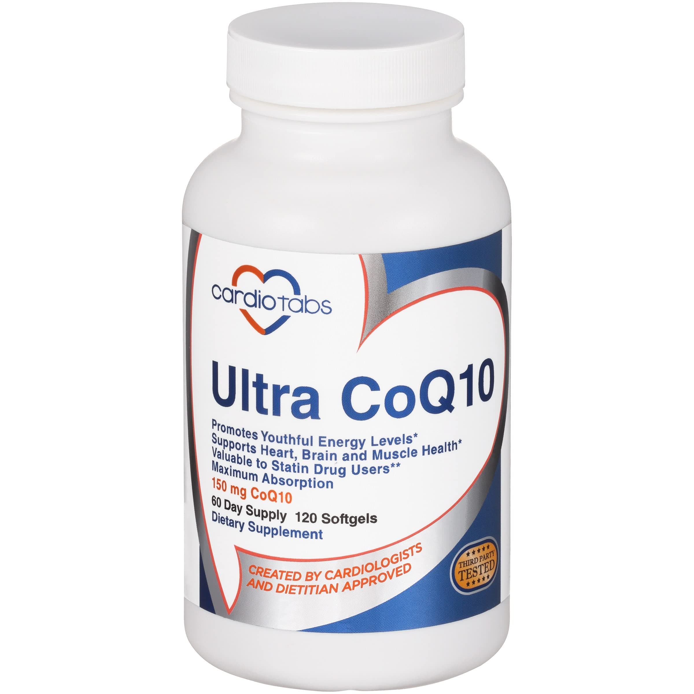 CardioTabs Ultra CoQ10 Coenzyme Supplement for Cardio Health, 150 mg of CoQ10 - Ubiquinone - Per 2 Softgels w/Safflower Oil & Tocopherols, 6X Better Absorption for Brain & Muscle Health, 120 Softgels