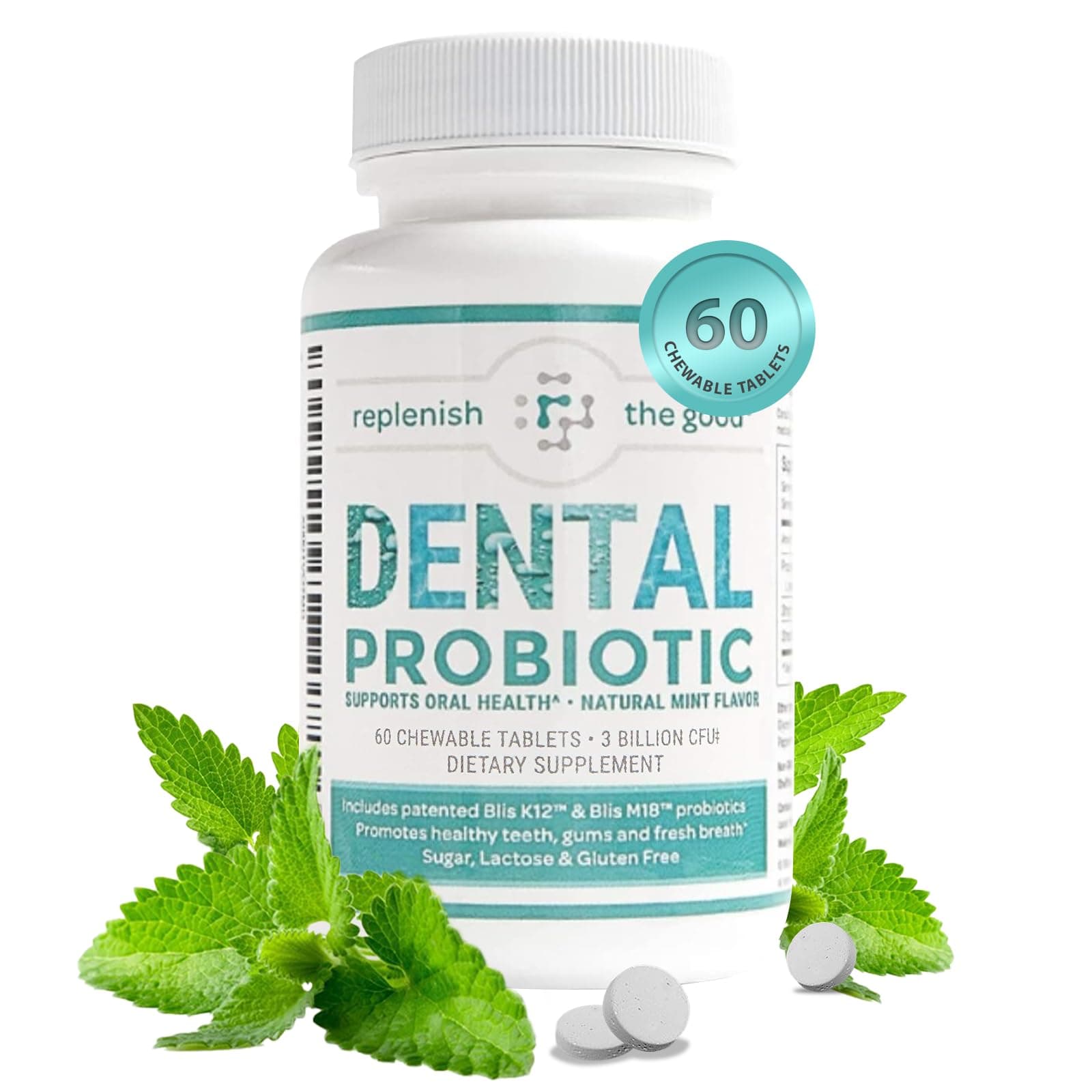 Dental Oral Probiotic, 60 Chewable Tablets - Supplements w/BLIS K12 & M18 - Bad Breath Treatment for Adults - Boosts Oral Health - Fights Halitosis, Tooth Decay, Strep Throat (Mint Flavor)
