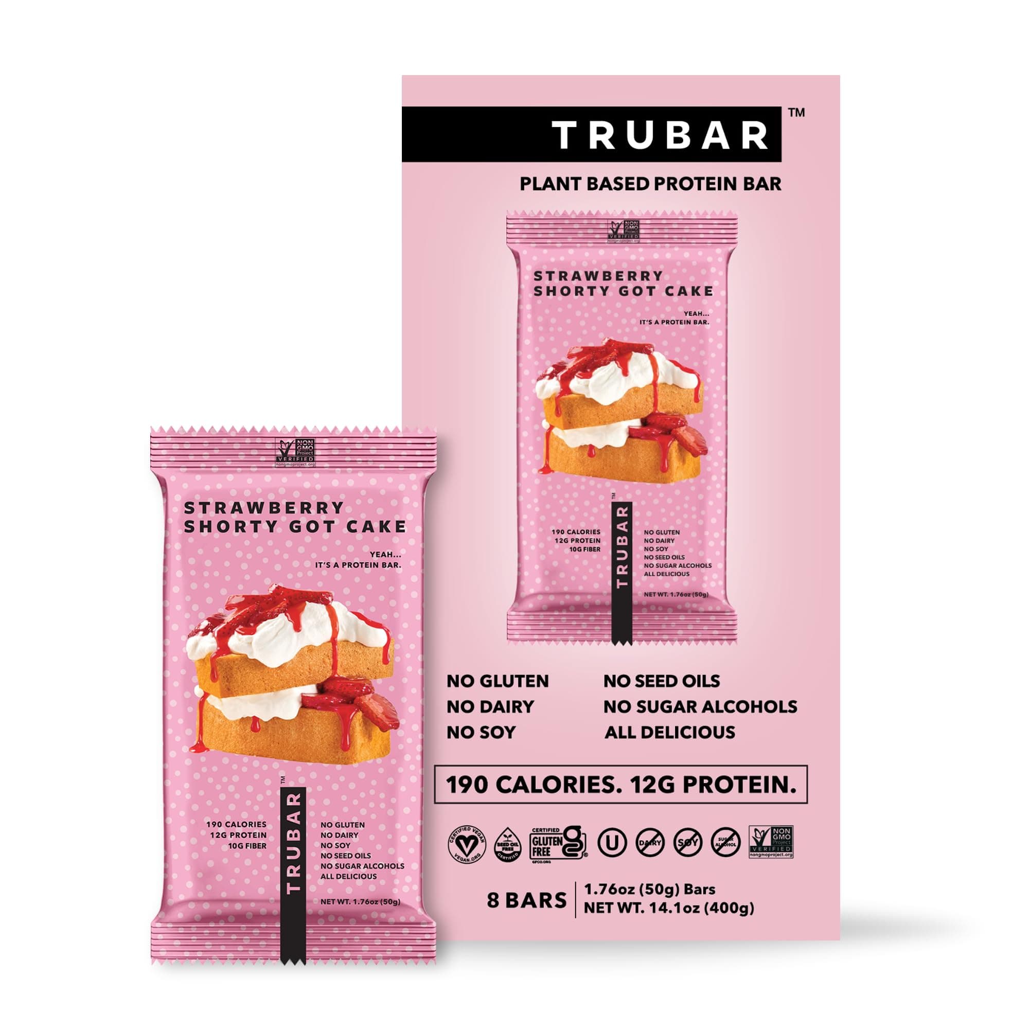 TRUBAR Vegan Protein Bar, Strawberry Shorty Got Cake, Gluten Free, Plant Based Protein, Dairy Free, Non GMO, Soy Free, No Sugar Alcohols, 12G Protein, 12G Fiber, 23G Carb, On the Go Snack Bars, 8 CT