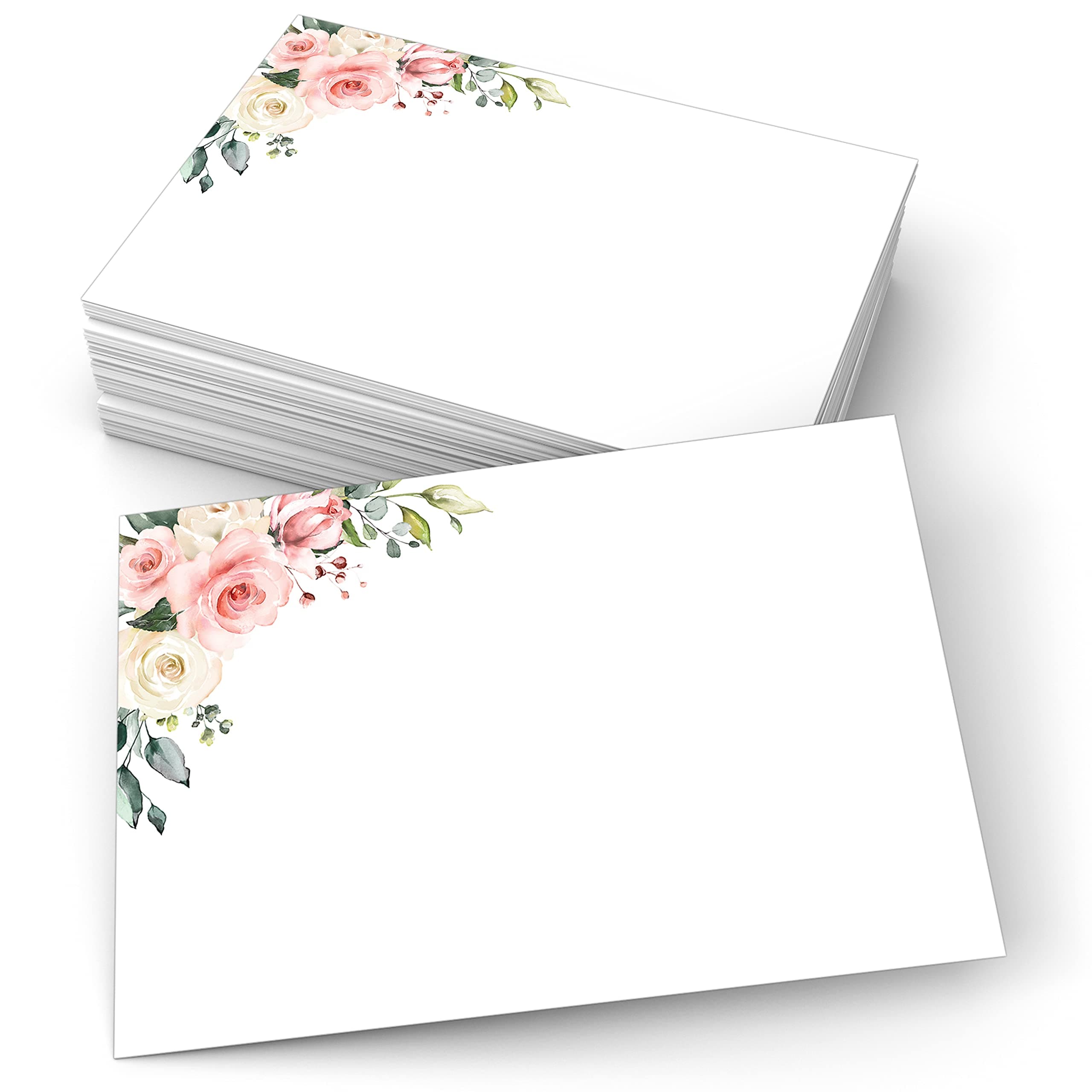 321Done Pink Roses Cards 4x6 White (50 Pack), Made in USA, Cute Floral Design Left Corner, Plain Blank to Make Your Own Notecards, Invites, Greeting Cards, Table Cards, Thick Heavy Cardstock