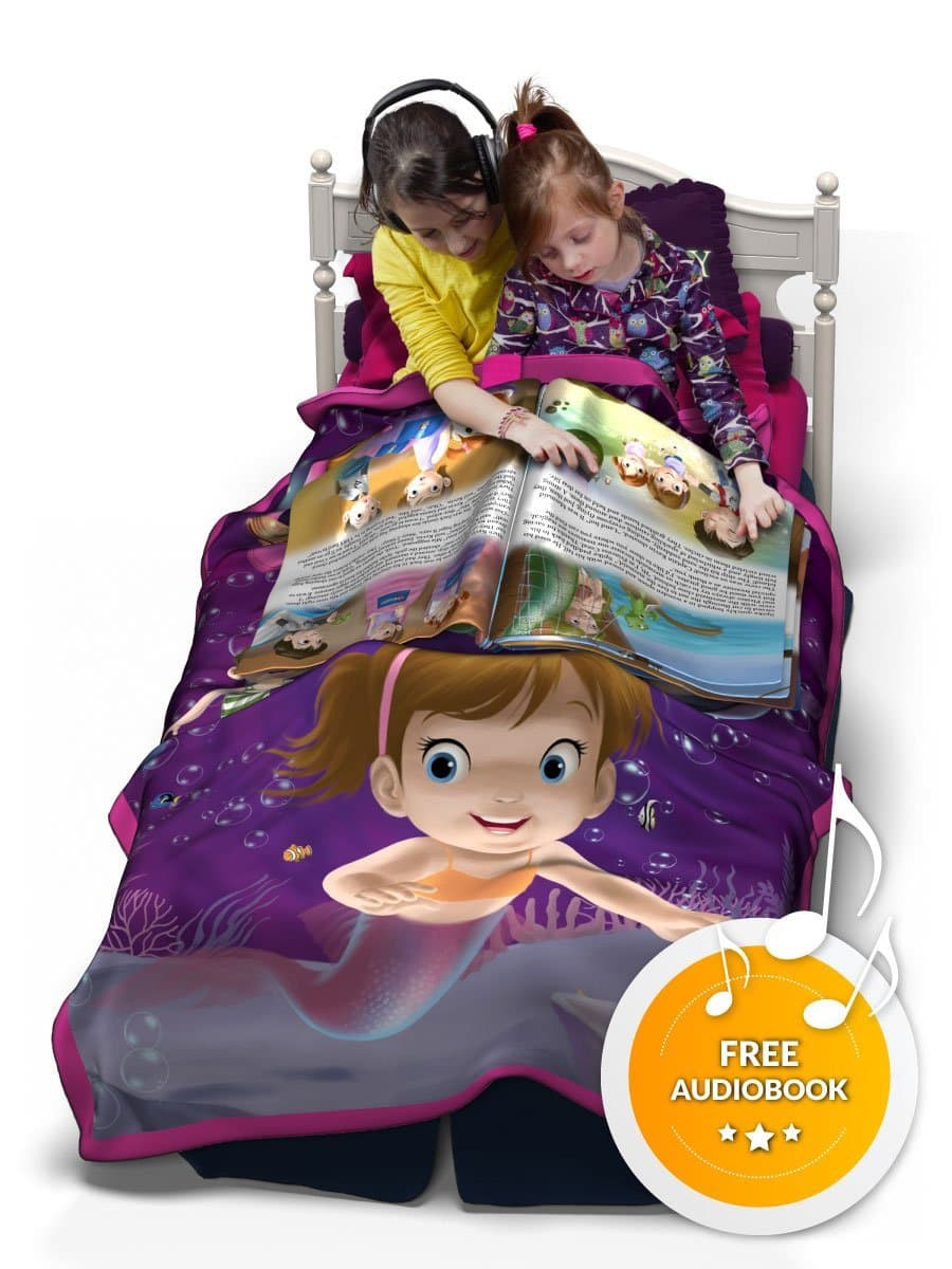 Kids Blanket with Bedtime Stories NEW - Twin Size Mermaid Blanket for Kids + Large Fabric Bedtime Story Book + FREE Audio Book - Gift Idea For Girls (Purple & Pink)