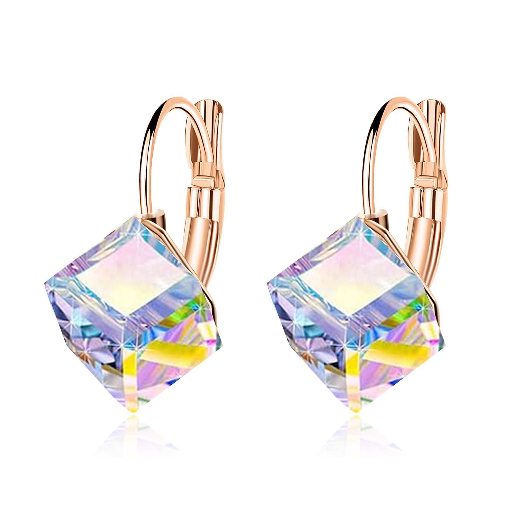 Cube Austrian Crystal Drop Leverback Earrings for Women Fashion 14K Rose Gold Plated Hypoallergenic Jewelry