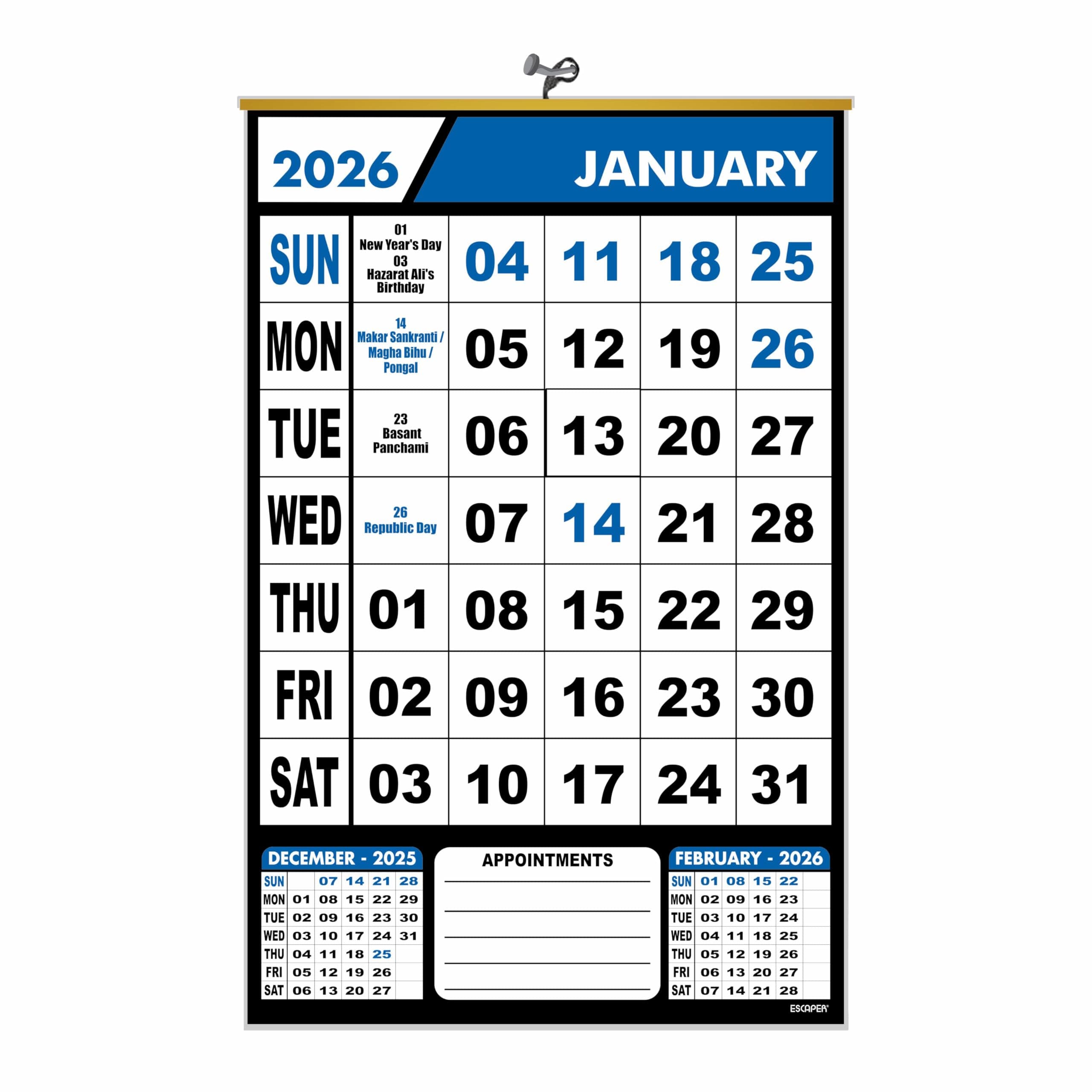 ESCAPER Blue 2026 Wall Calendar Hanging for Home & Office, Large Office Wall Calendar 2026 with Indian Holidays, Appointment Planner, Durable 100 GSM Paper, Easy-to-Hang Design