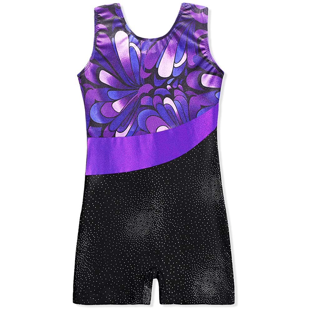 Leotards for Girls Gymnastics with Shorts Sparkle Butterfly Flowers Pattern Sleeveless Biketards Hotpink Black