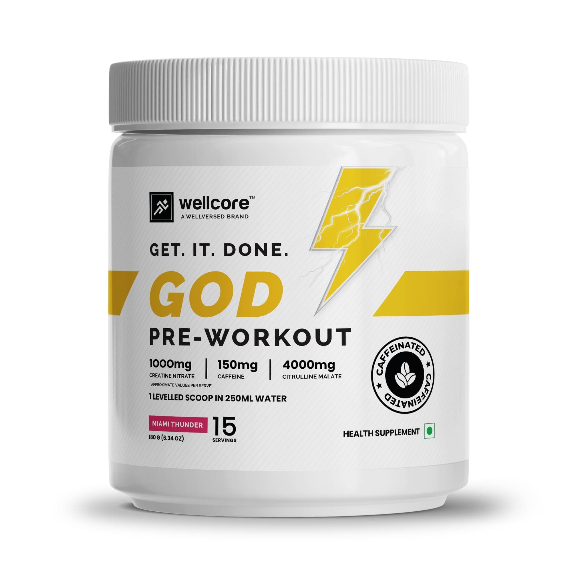 Wellcore - God Mode Pre Workout Supplement (180g Powder, 15 Servings) | Miami Thunder | Only For Serious Lifters | Pre Workout For Men And Women With Caffeine & Creatine