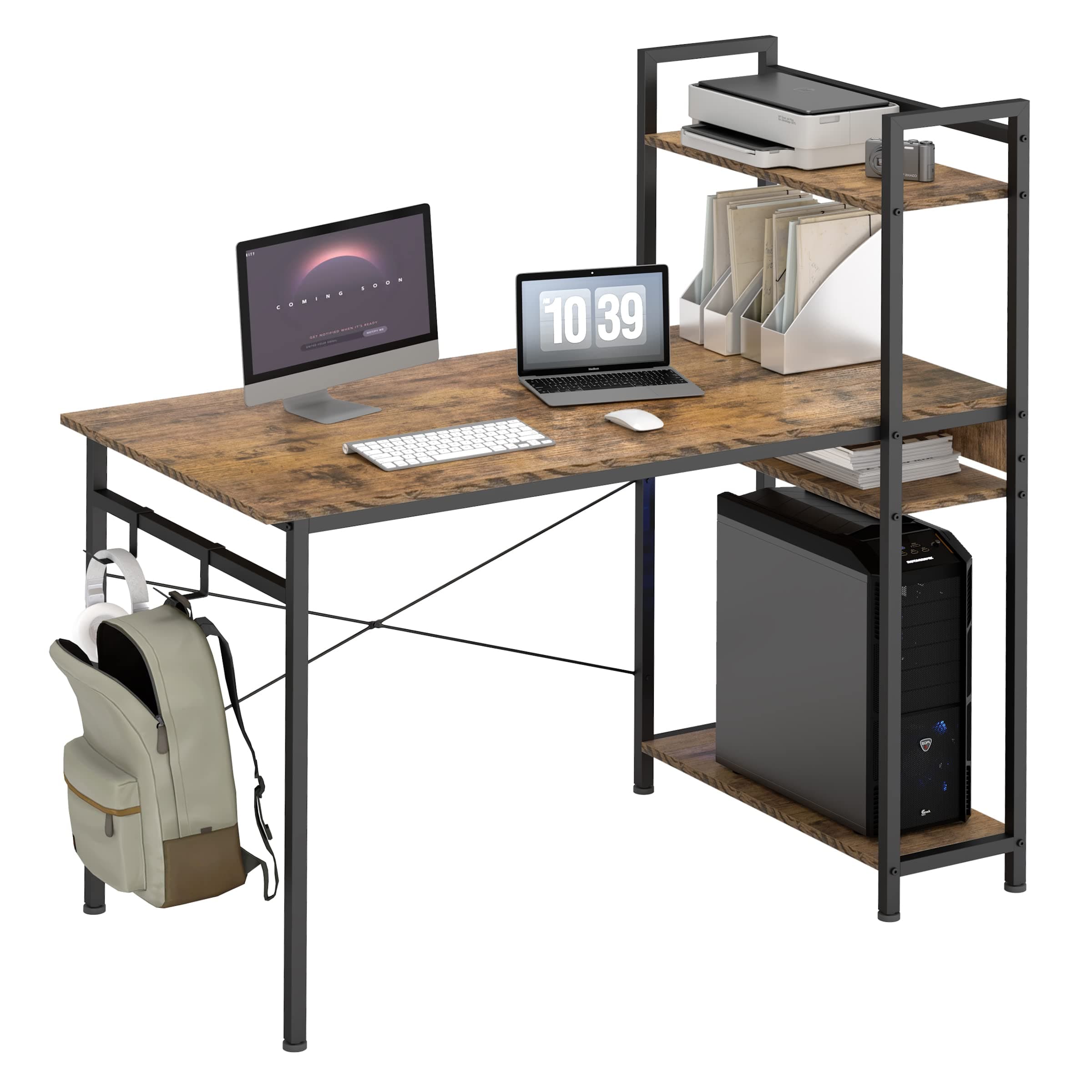 Computer Desk with Shelves,The Bookshelf is 9.5 inches Wide Home Office Desks Table 47 Inch PC Desk Bedroom Desk Work Desk Study Desk Wood Desk with Storage, Student,Rustic Brown