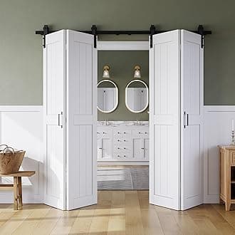 Bifold Barn Door 60" x 84", MDF Bi-Fold Sliding Closet Doors with Hardware Kit Included, Pre-Finished Easy Assembly, Water-Proof PVC Surface & Save Space, H-Frame, 68" Track for 4 Doors,White