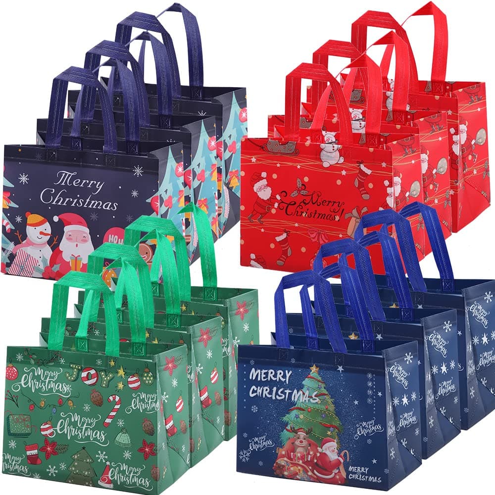 12 Pack Christmas Tote Bags with Handles - Waterproof Reusable Gift Wrapping Bags for Xmas Party