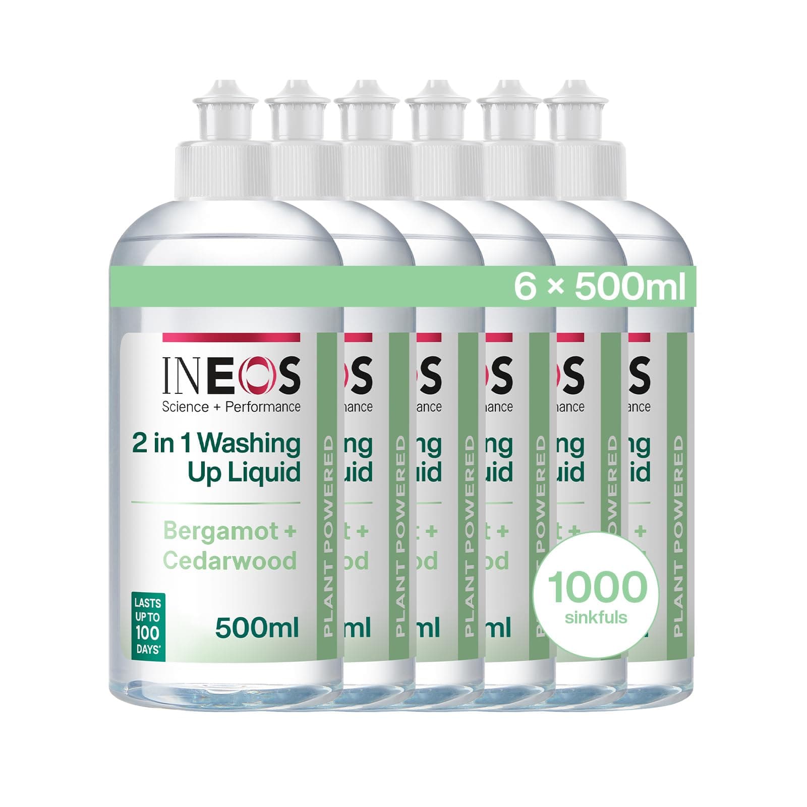 INEOS Next-Gen 2in1 Washing Up Liquid, 3L (500ml x 6), 1000 Sinkfuls, Dishwashing + Handwashing, Plant Powered, Bergamot + Cedarwood, Packaging May Vary