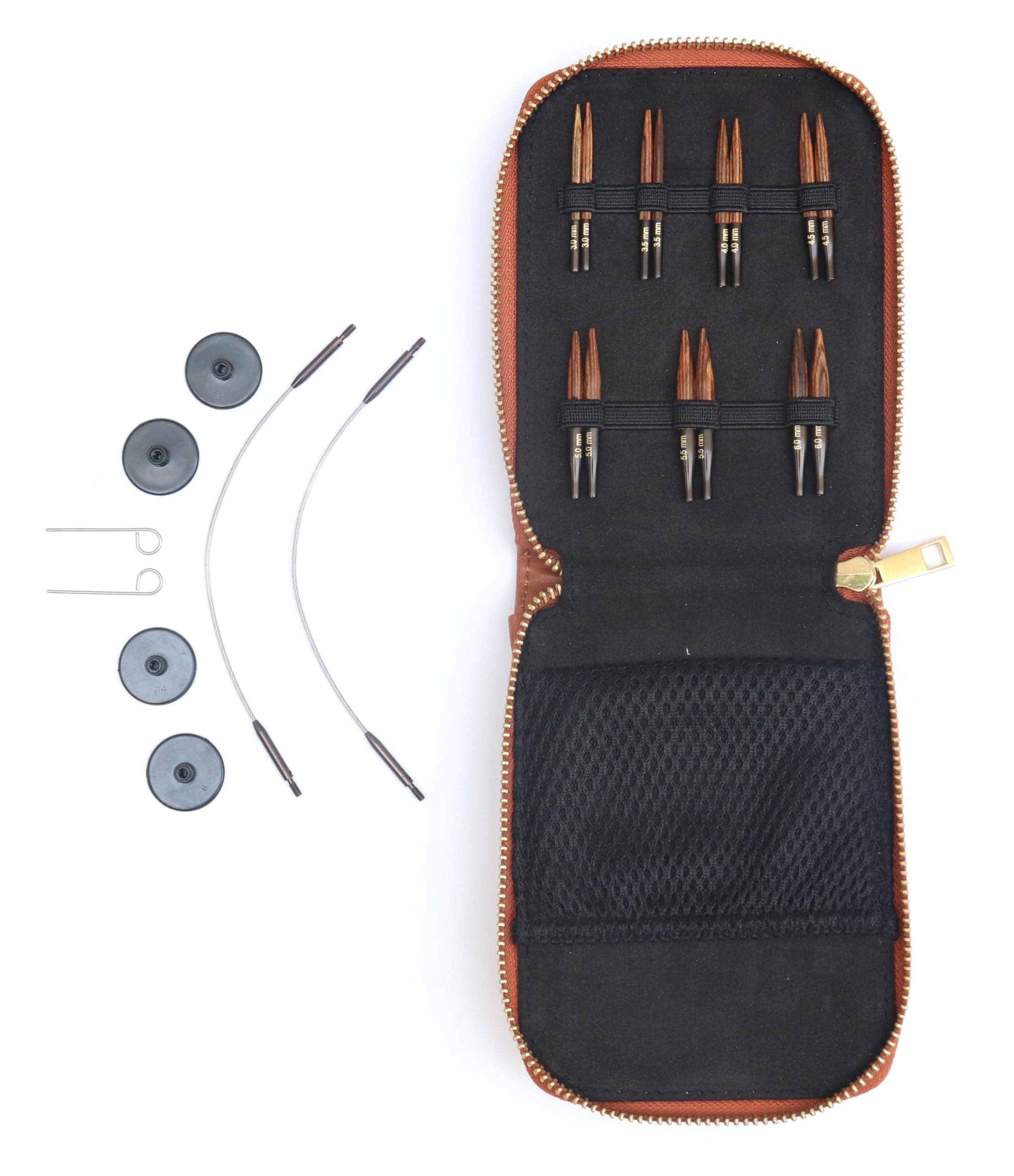 Ginger Knitting Needle Set - Mini Interchangeable Pins, 2 25cm Cables, End Caps, Cable Keys, Faux Leather Case, 3,3.5,4,4.5,5,5.5,6mm