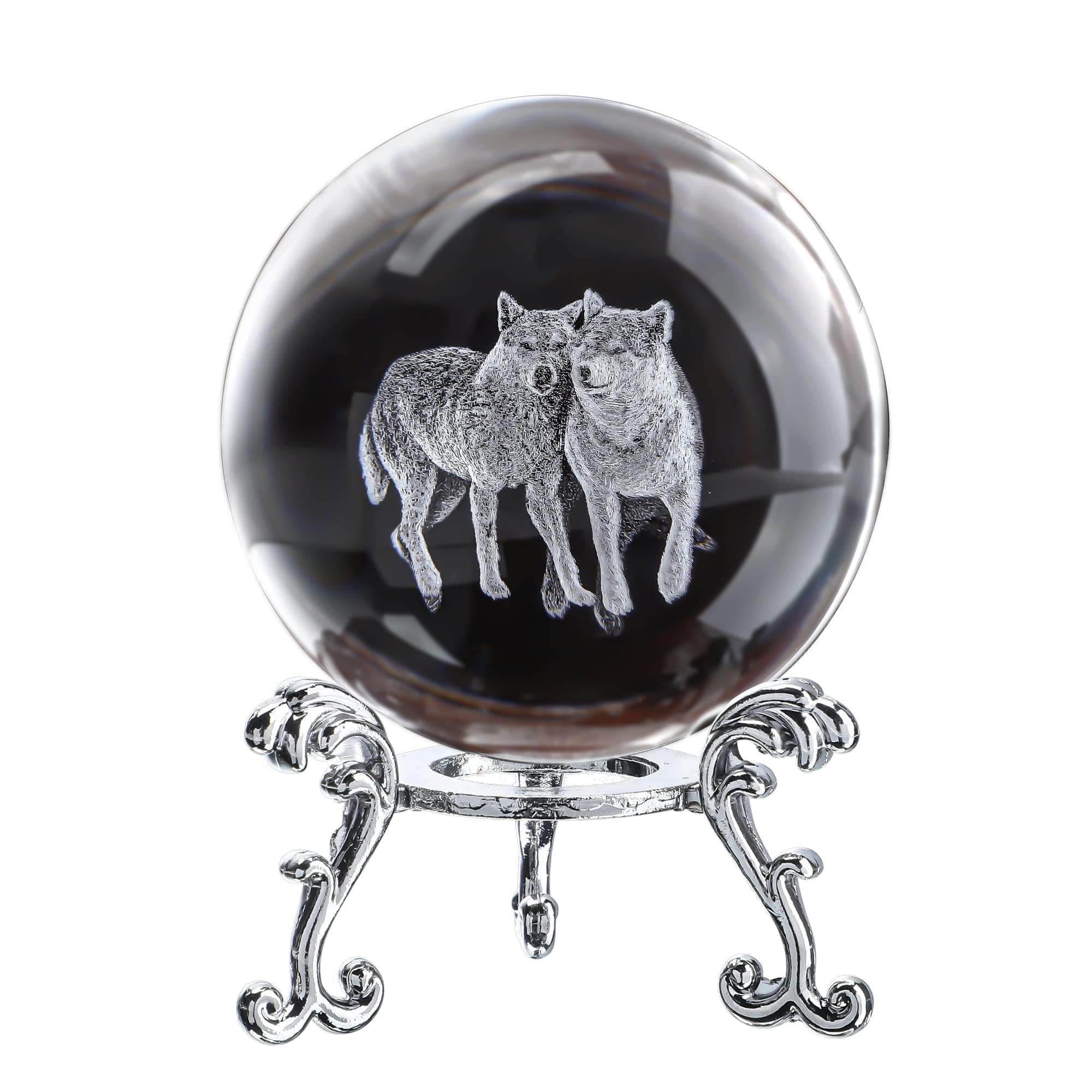 ZEERSHEE 60mm Wolf Crystal Ball with Stand, 3D Glass Laser Engraved Wolf Gifts, Decorative Glass Wolves Sphere Figurine, Clear
