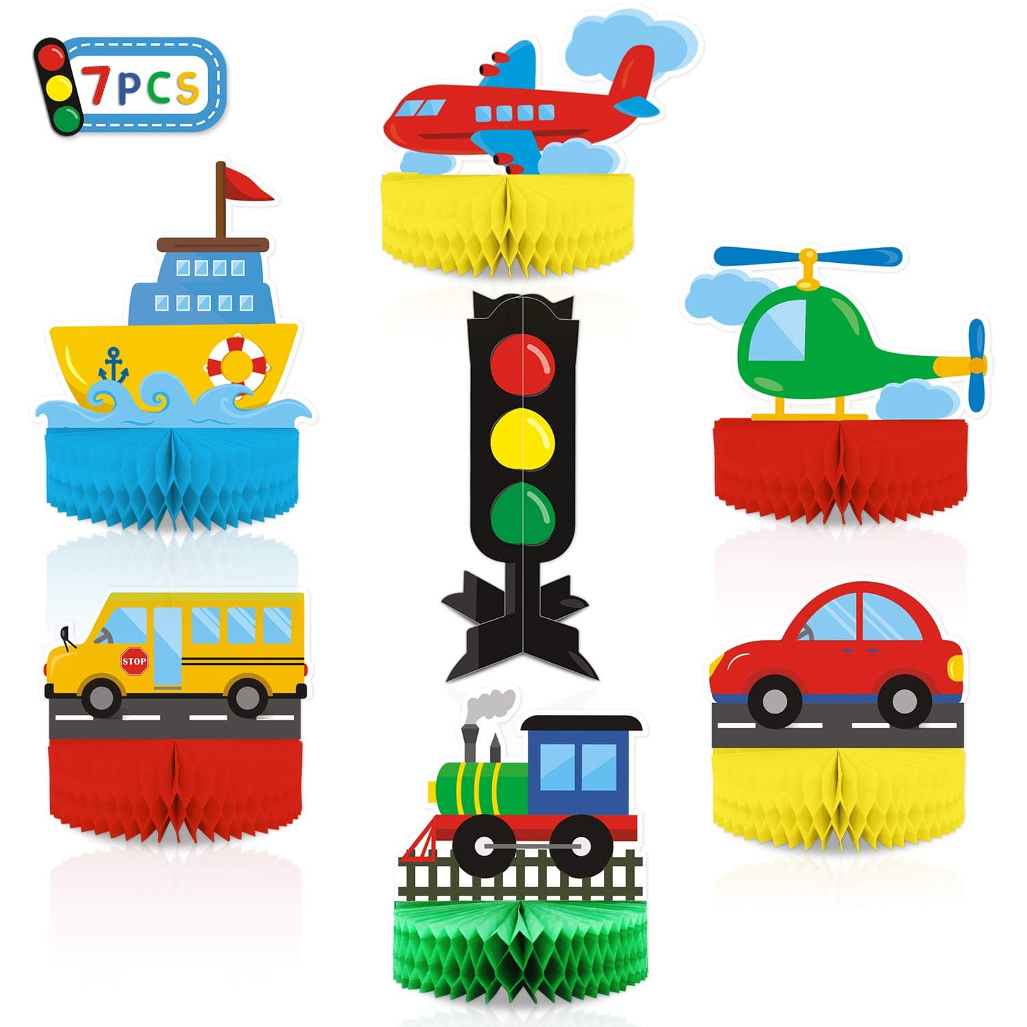 Transportation Birthday Decoration Honeycomb Centerpieces for Birthday Decor School Bus Car Train Plane Ship Helicopter Traffic Light Table Toppers for Transportation Theme Party Baby Shower Supplies