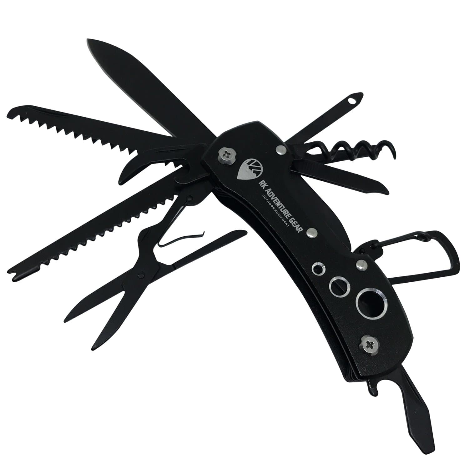 RK Adventure Gear Swiss Army Style Titanium Knife - 14 in 1 Multifunctional Pocket Knife by Outdoor Survival Never Fades | Corkscrew Screwdriver Can Opener Scissors Key Chain | Black