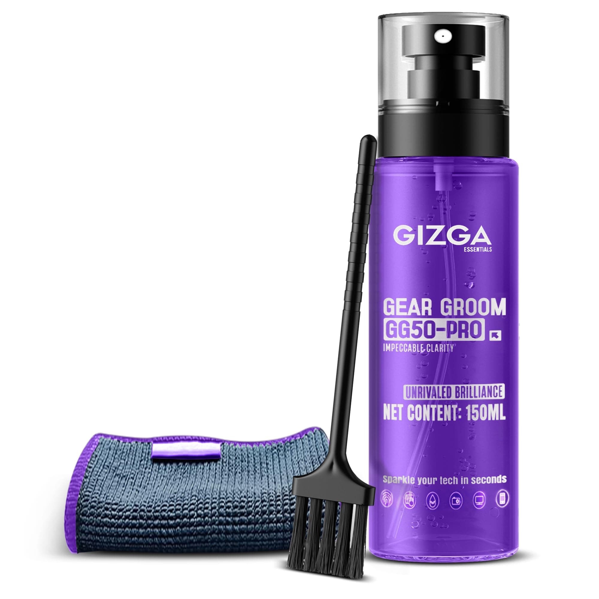 Gizga Pro Series 3-in-1 Cleaning KIT - 150ml Cleaning Spray, Microfiber Cloth & Cleaning Brush| Safe Screen Cleaner for Laptop, PC, Smartphone, Tablet, DSLR Camera Lens, Binocular, Keyboard, Gadgets