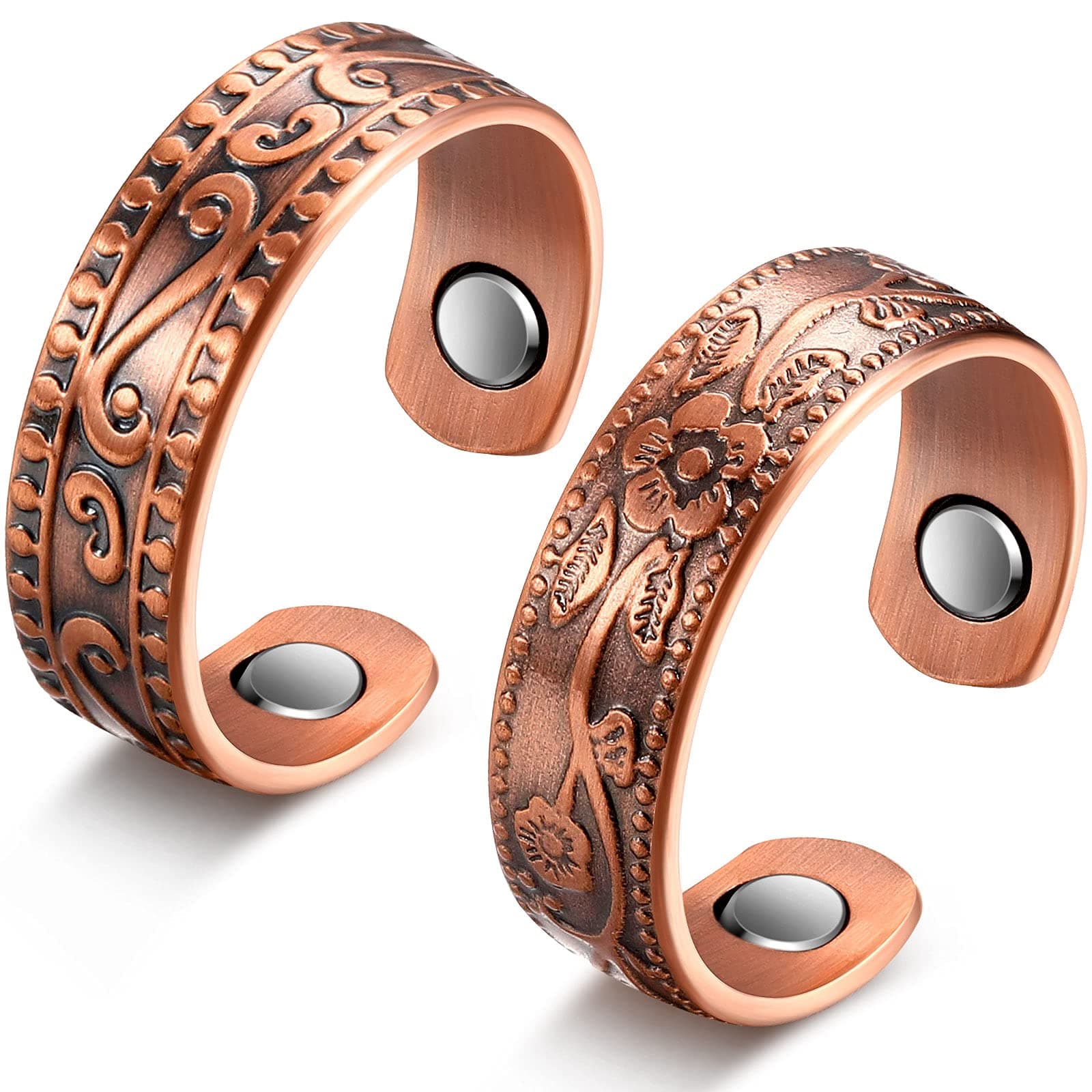 MTLEE 2 Pcs Copper Rings for Women and Men - Magnetic Jewelry Thumb Rings, Vintage Adjustable Magnet Ring for Fingers Pain Relief (Bronze)