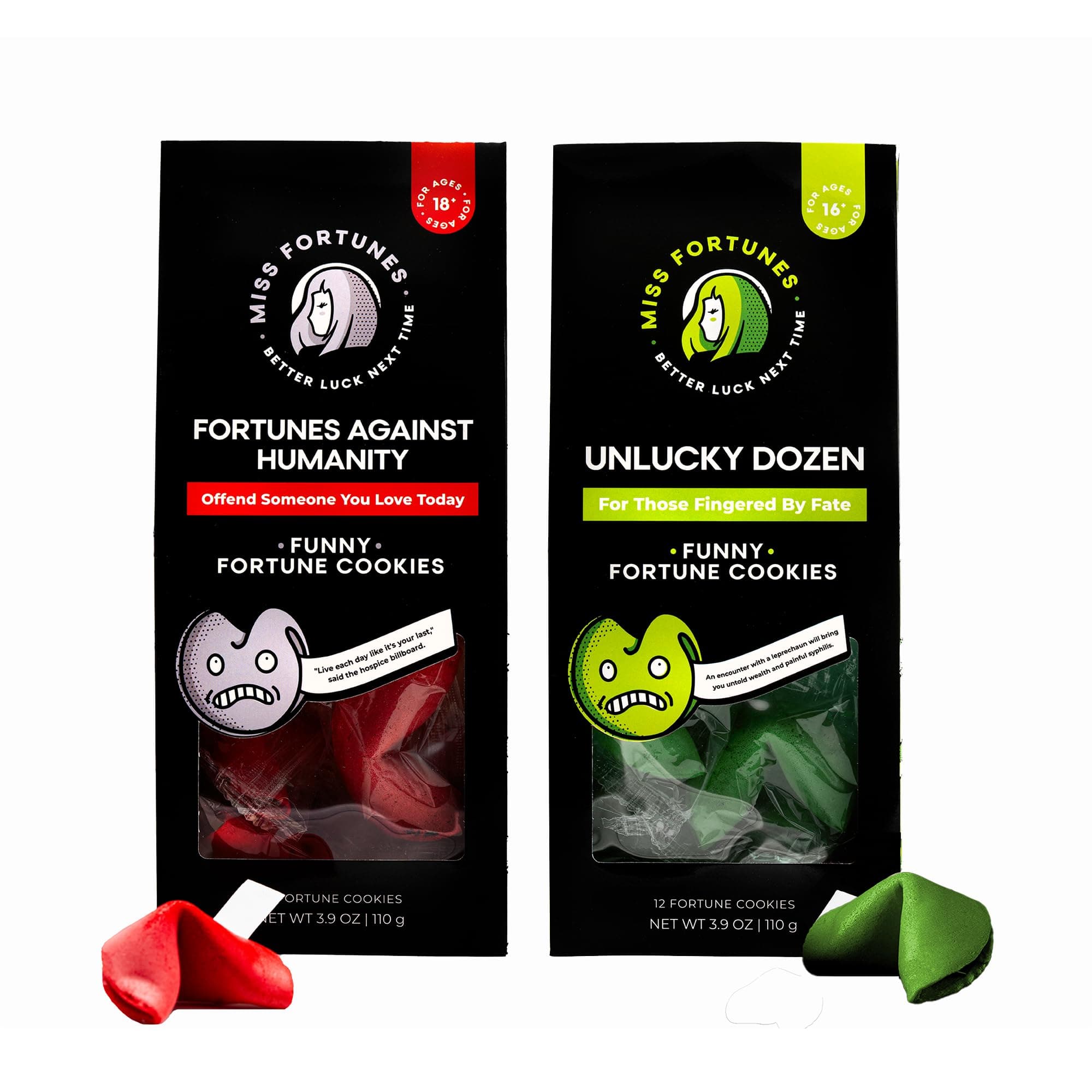 Miss Fortunes, Funny Fortune Cookies, The Two-Pack Shakur, Red and Green Cookies, Written by Professional Comedy Writers (Multi-pack of 2 Dozen Cookies) (Fortunes Against Humanity + Unlucky Dozen)
