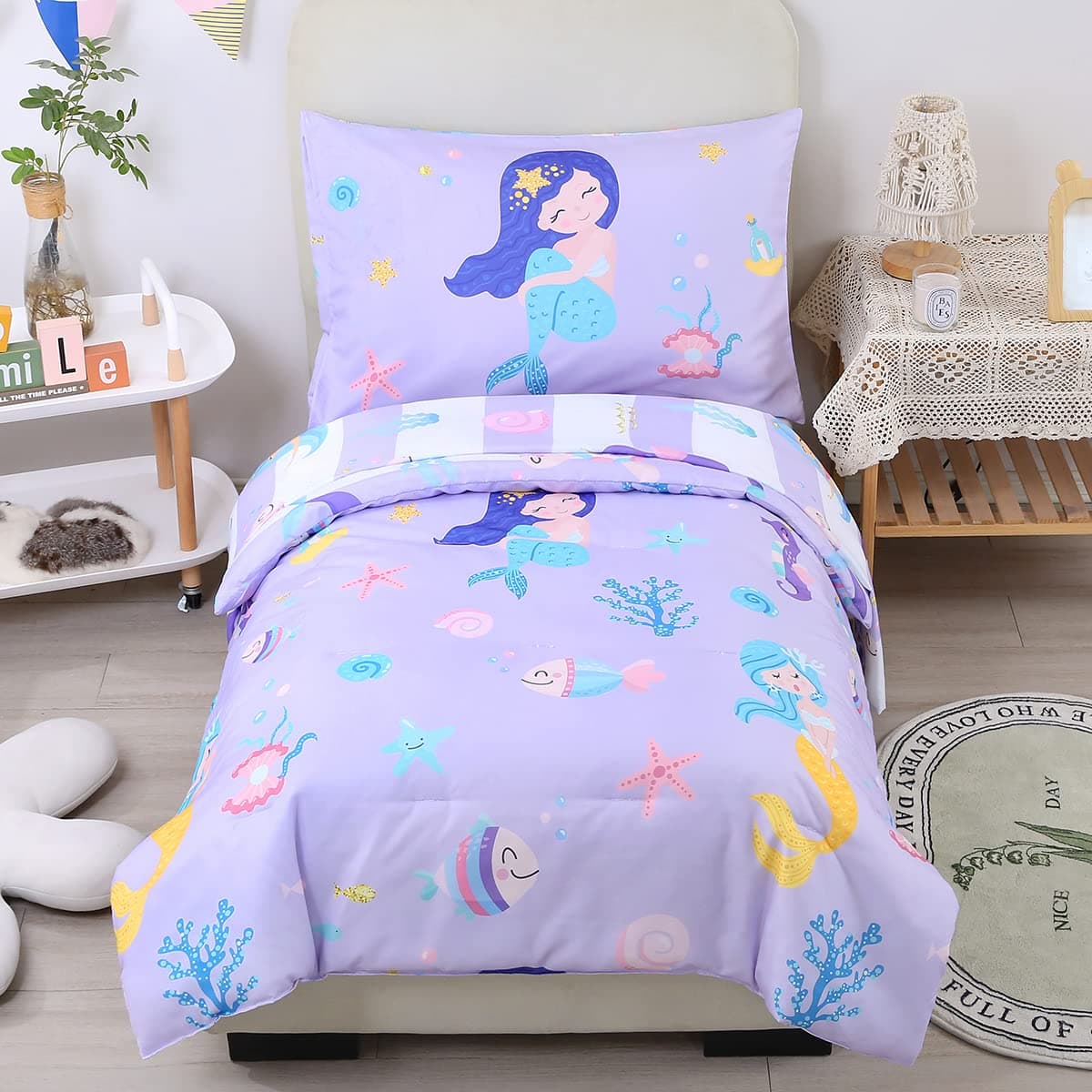URBONUR 4-Piece Toddler Bedding Set - Ultra Soft Cartoon Mermaid Girls Toddler Comforter Set Coral Starfish - Include Comforter, Flat Sheet, Fitted Sheet and Reversible Pillowcase, Purple Mermaid