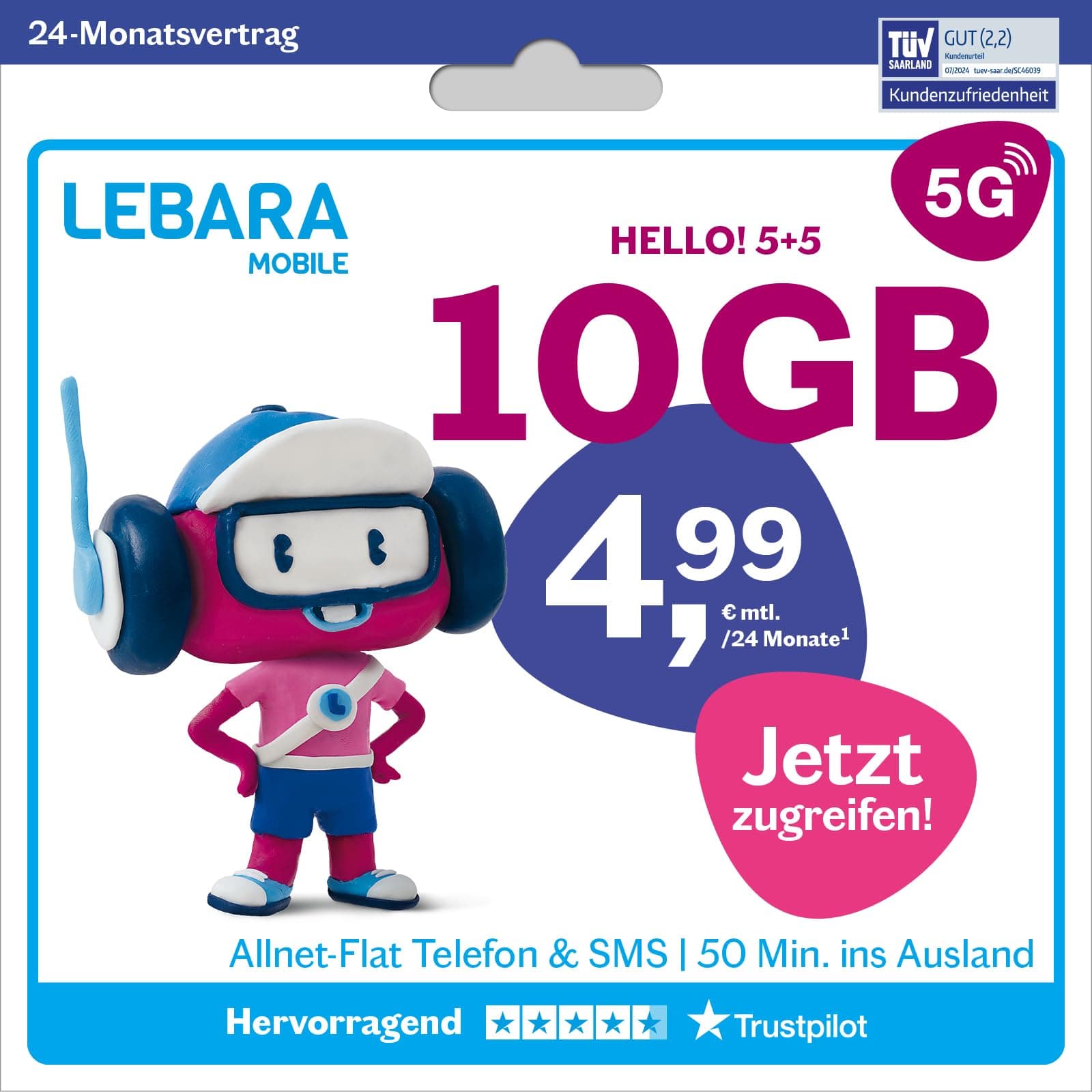 LEBARA Mobile phone tariff Hello! 5+5 | 10 GB data volume | 5G with up to 50 Mbit/s | Allnet flat telephony & SMS Germany including EU roaming | 50 minutes abroad