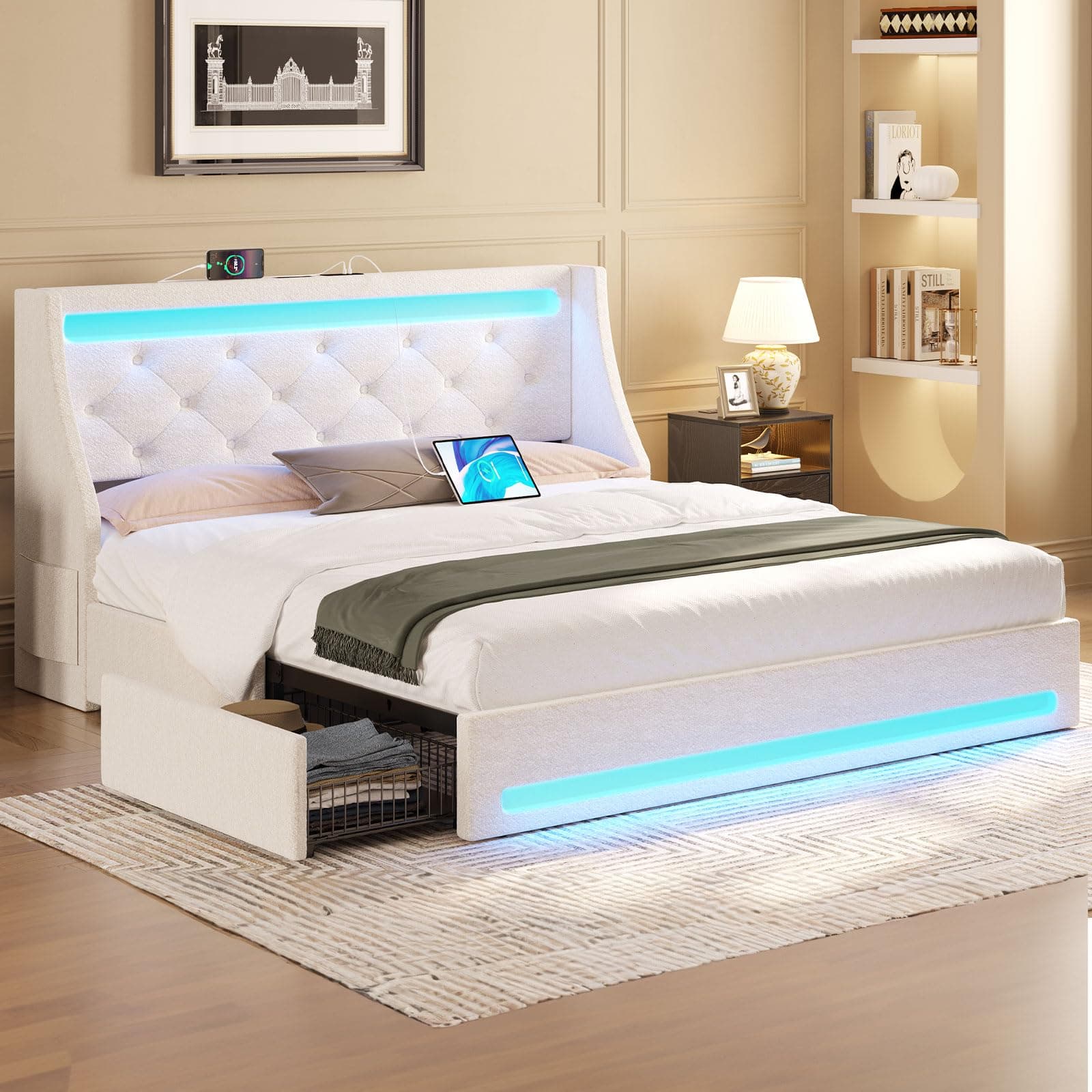 Full Bed Frame with LED Lights and Charging Station, Upholstered Bed with Drawers, Wooden Slats, Noise Free, Easy Assembly, Beige