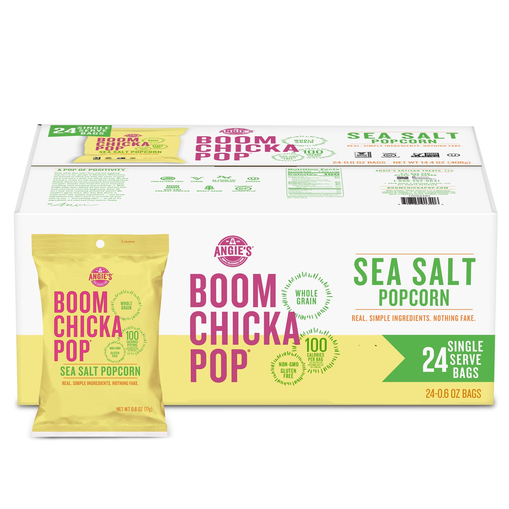 Angie's BOOMCHICKAPOP Sea Salt Popcorn, Halloween Snack, 0.6 oz. Individual Bag (Pack of 24)