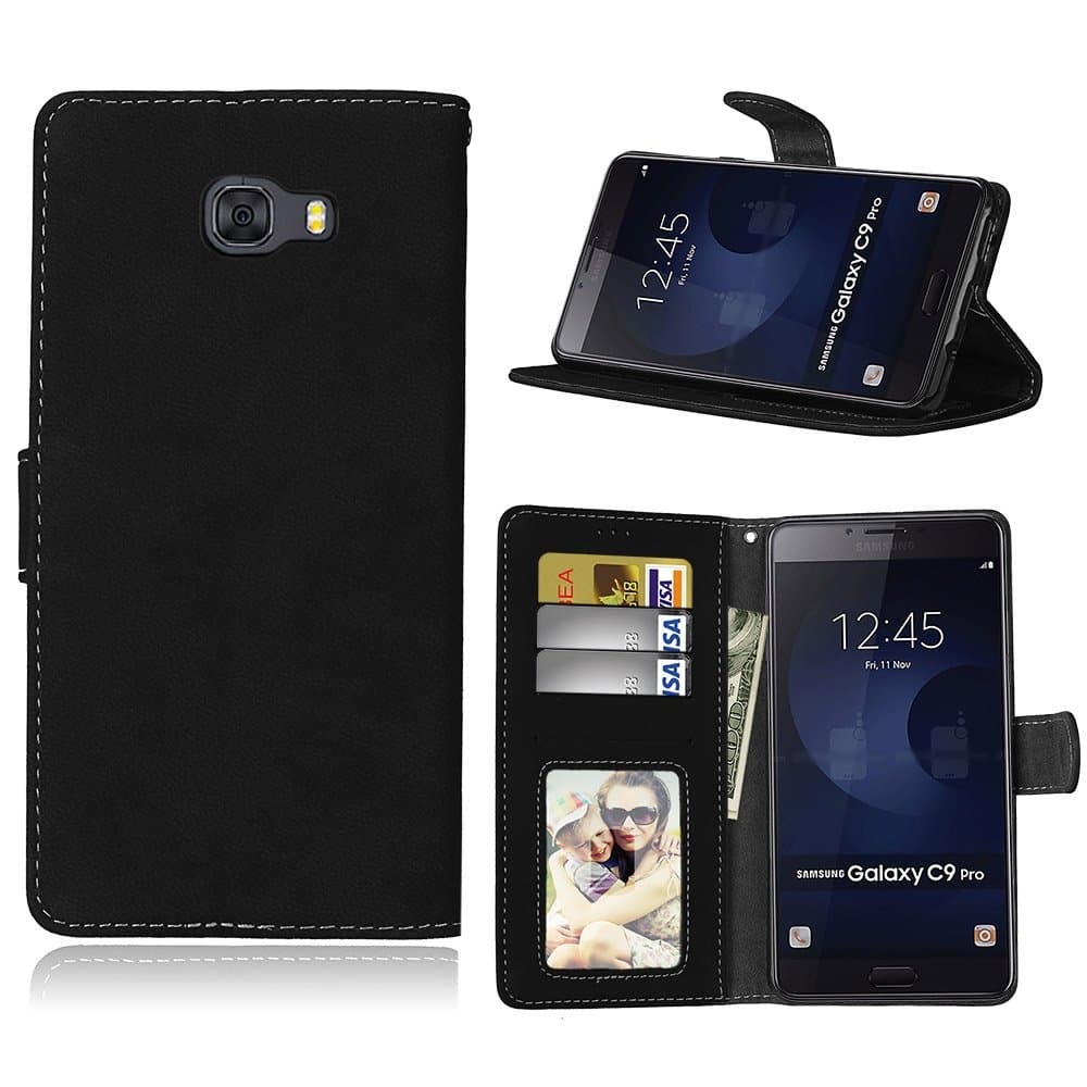 Case for Samsung Galaxy C9 Pro, Retro Frosted PU Leather Flip Magnet Wallet Stand Card Slots Protective Cover for Samsung Galaxy C9 Pro (Black)