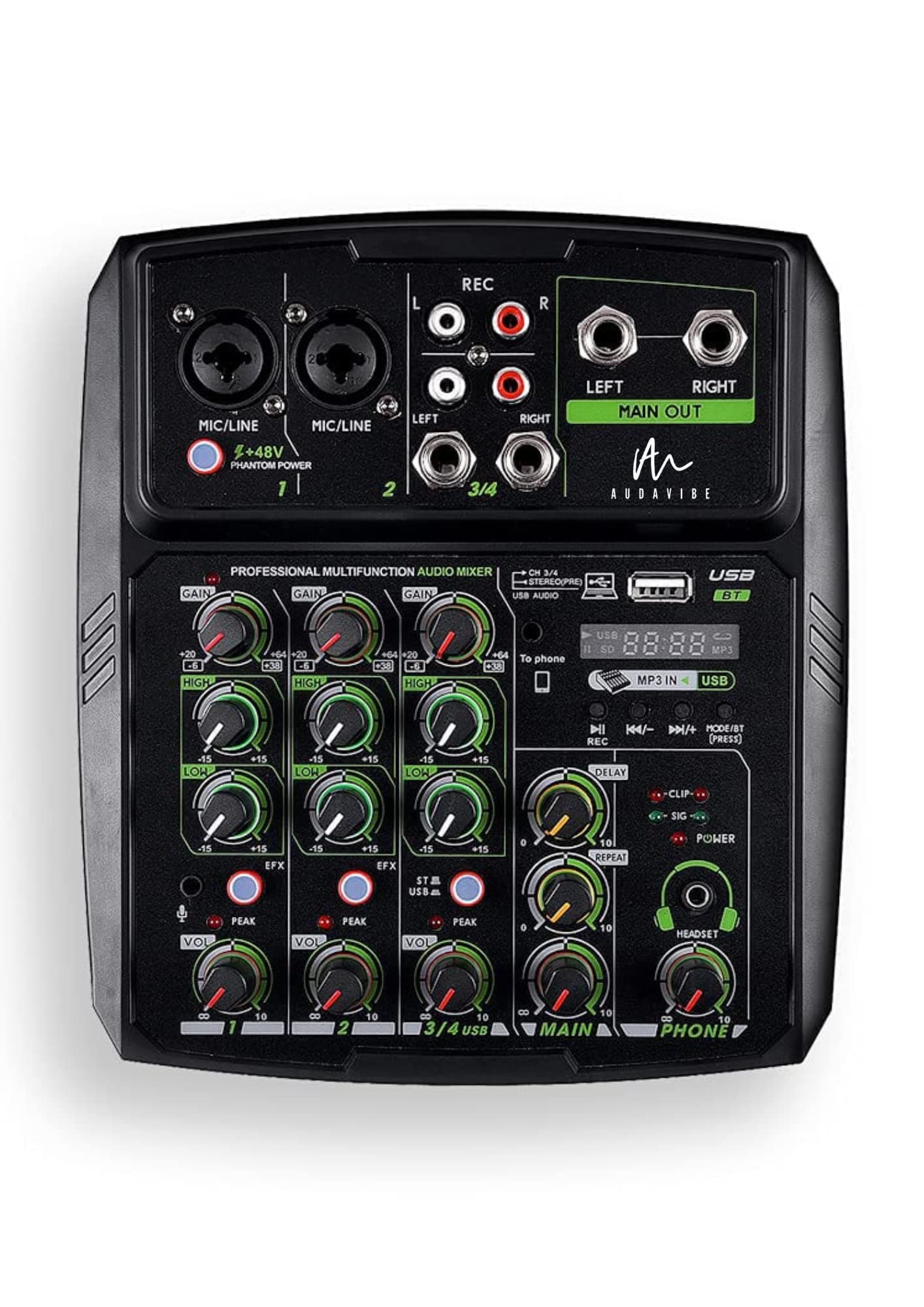 Audavibe Professional Audio Mixer, Free Podcast Learning Course - 4 Channels, USB input, Bluetooth, 3.5mm Headphone input, Phone Live out, 48V Phantom. (B4 Audio Mixer)