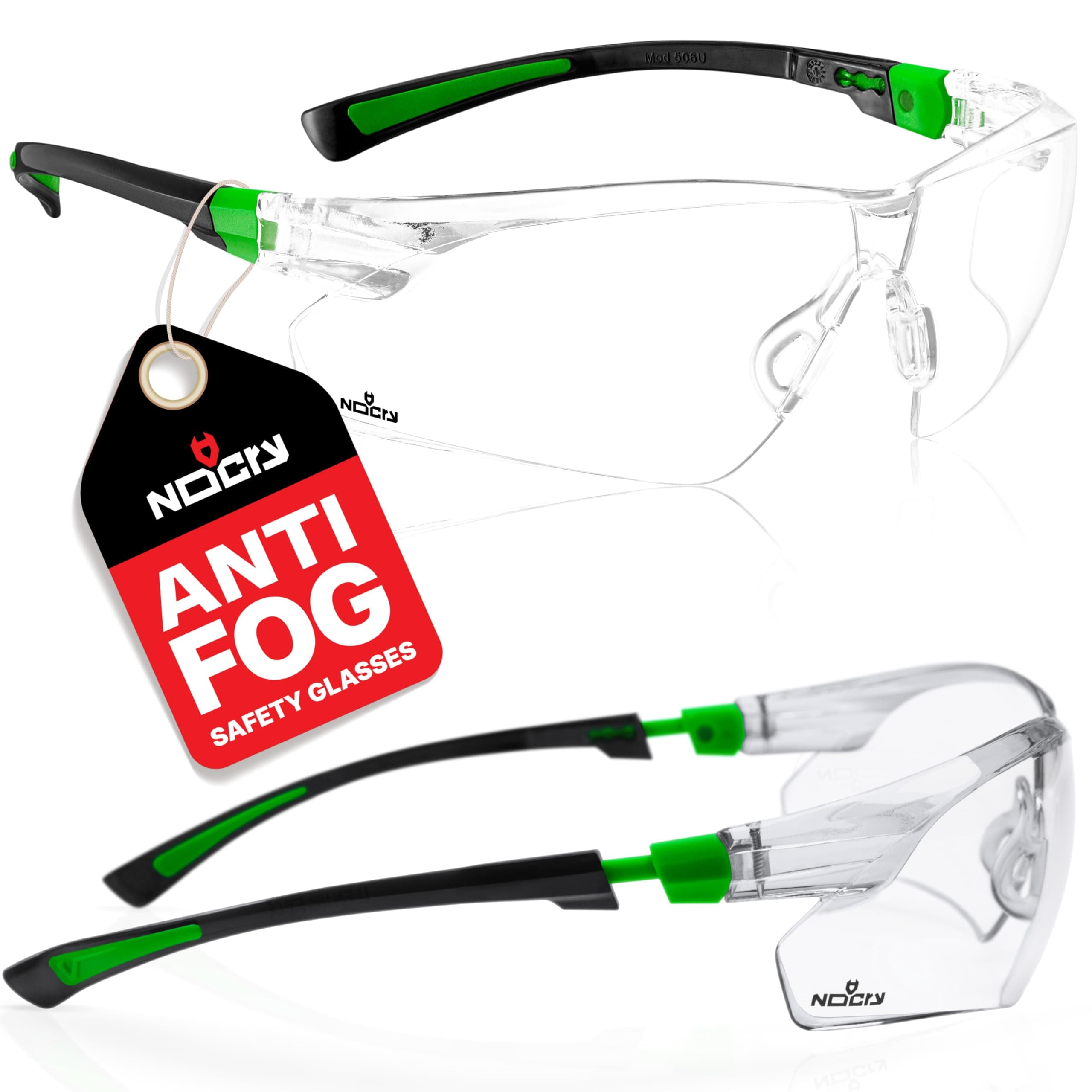NoCry Safety Glasses with Clear Anti Fog Scratch Resistant Wrap-Around Lenses and No-Slip Grips, UV Protection. Adjustable, Black & Green Frames