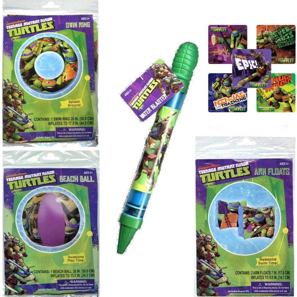 Teenage Mutant Ninja Turtles Pool Toys Set for Kids - Nickelodeon TMNT 5-Piece Pool Beach Swim Set Includes 1 Swim Ring (20"), 1 Pair of Arm Floats, 1 Beach Ball (20"), 1 Water Blaster PLUS Bonus Teenage Mutant Ninja Turtles Stickers