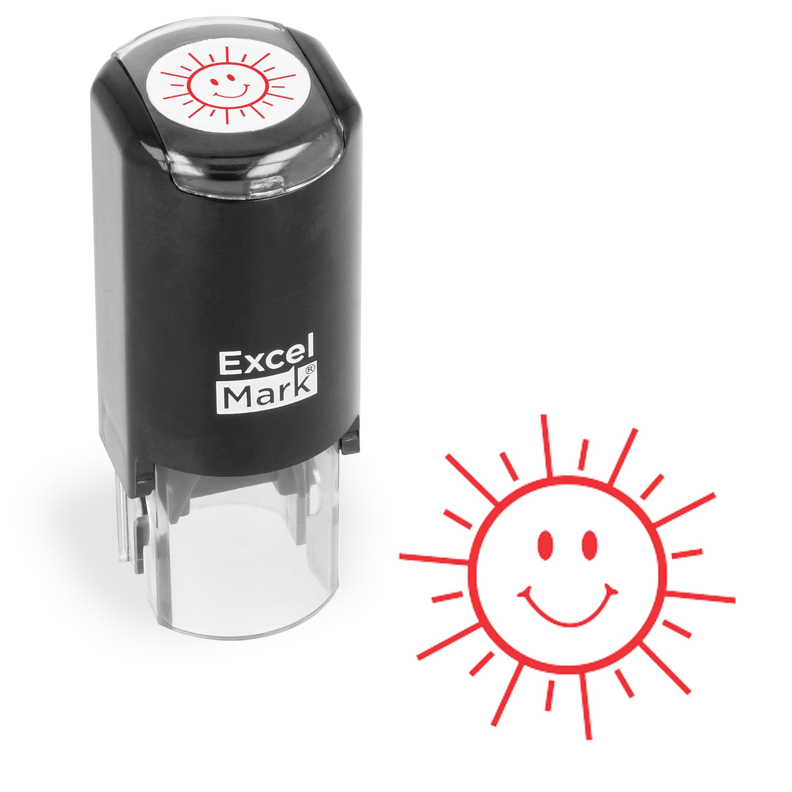 ExcelMark Happy Sun - Round Self-Inking Teacher Stamp - Red Ink