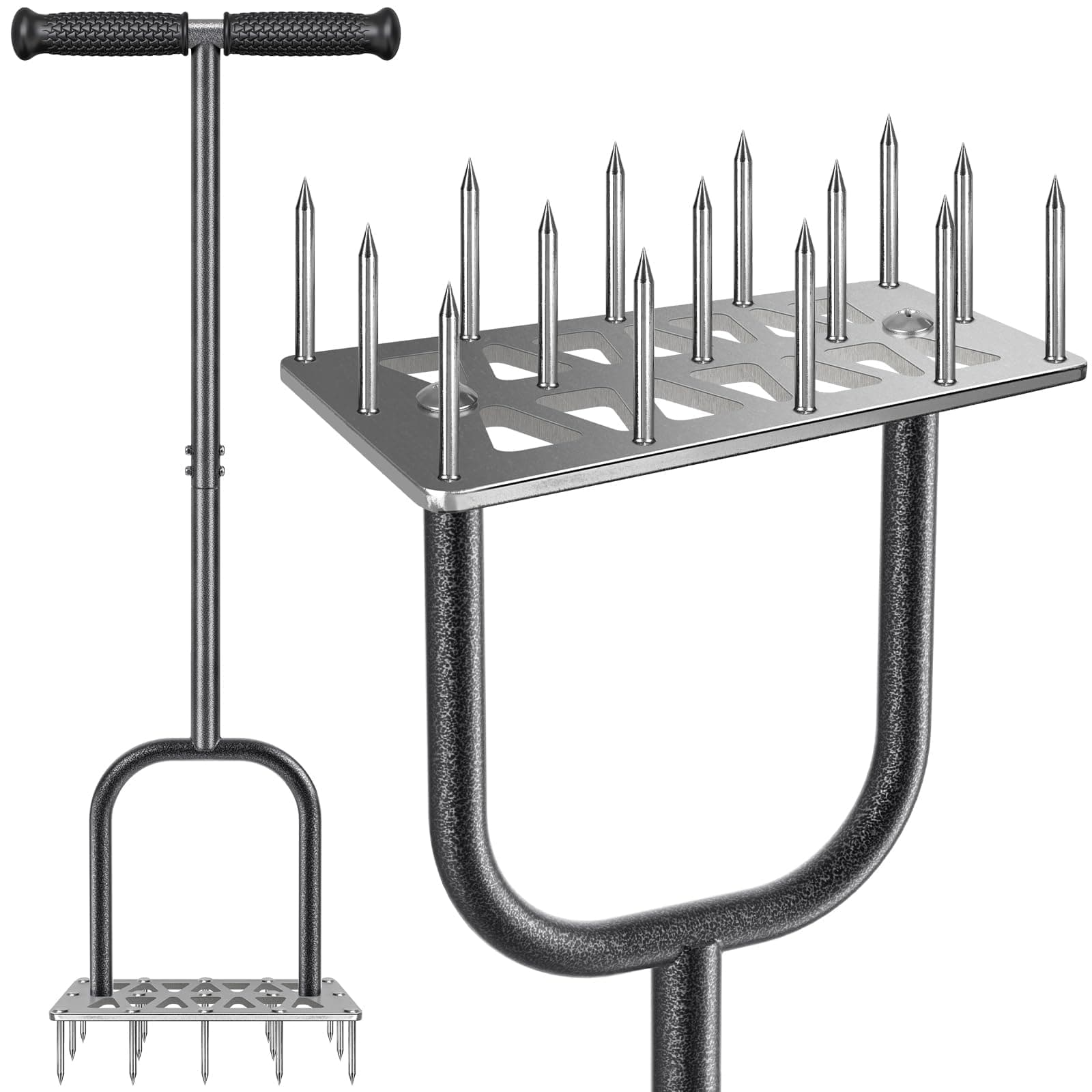 BeneLabelLawn Aerator Spike, Manual Grass Aerating Tool Long Handle Garden Plugger Heavy Duty Aeration Spike with 15 Spikes & Non-Slip Grip for Loosening Compacted Soil/Silver