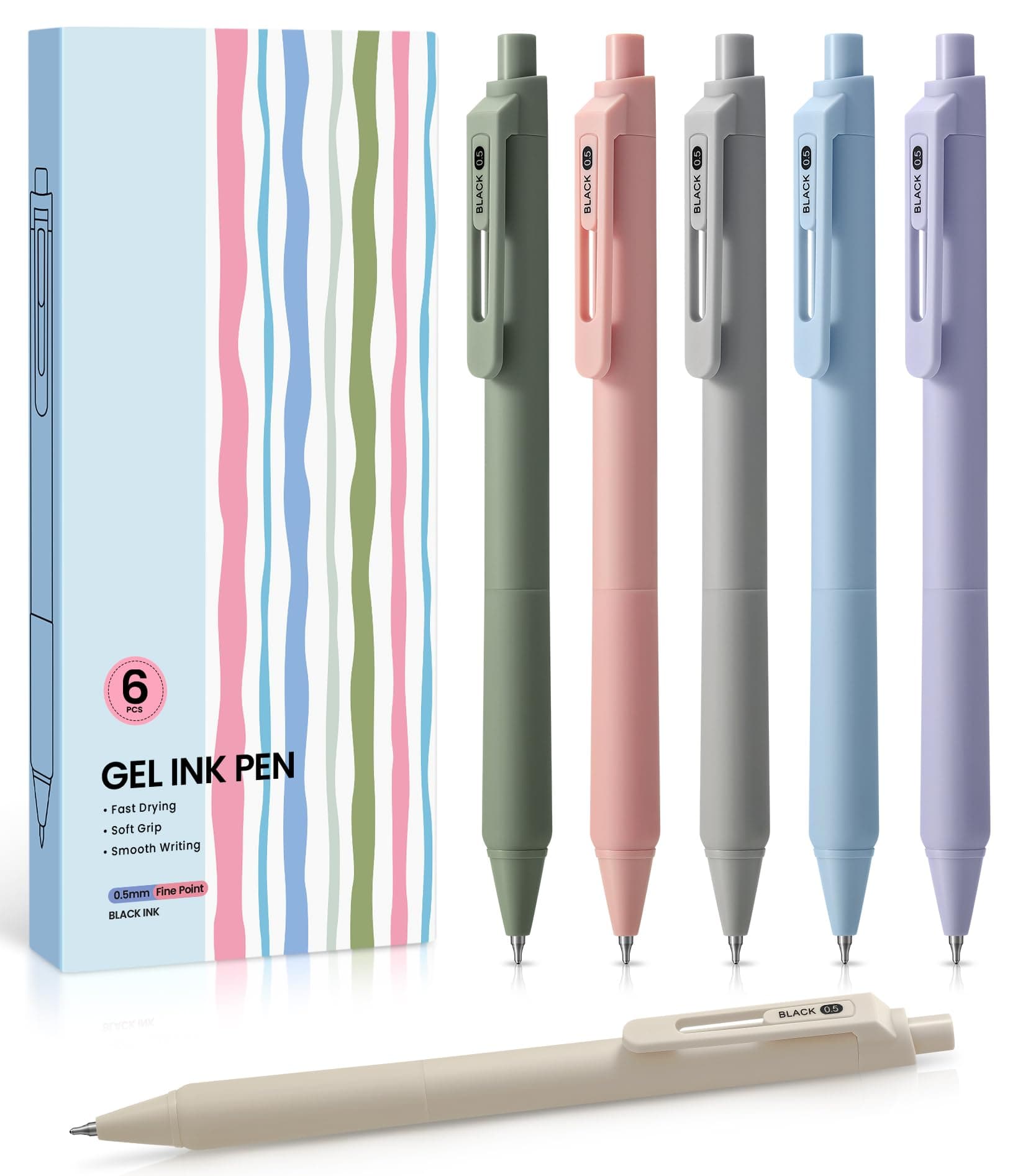 Taja Gel Pens, 6 Pcs Cute 0.5mm Fine Point Smooth Writing Pens, Quick Dry Blcak Gel Ink Pens for Journaling and Note Taking, Aesthetic Pens for Office School & Home Supplies-Pastel