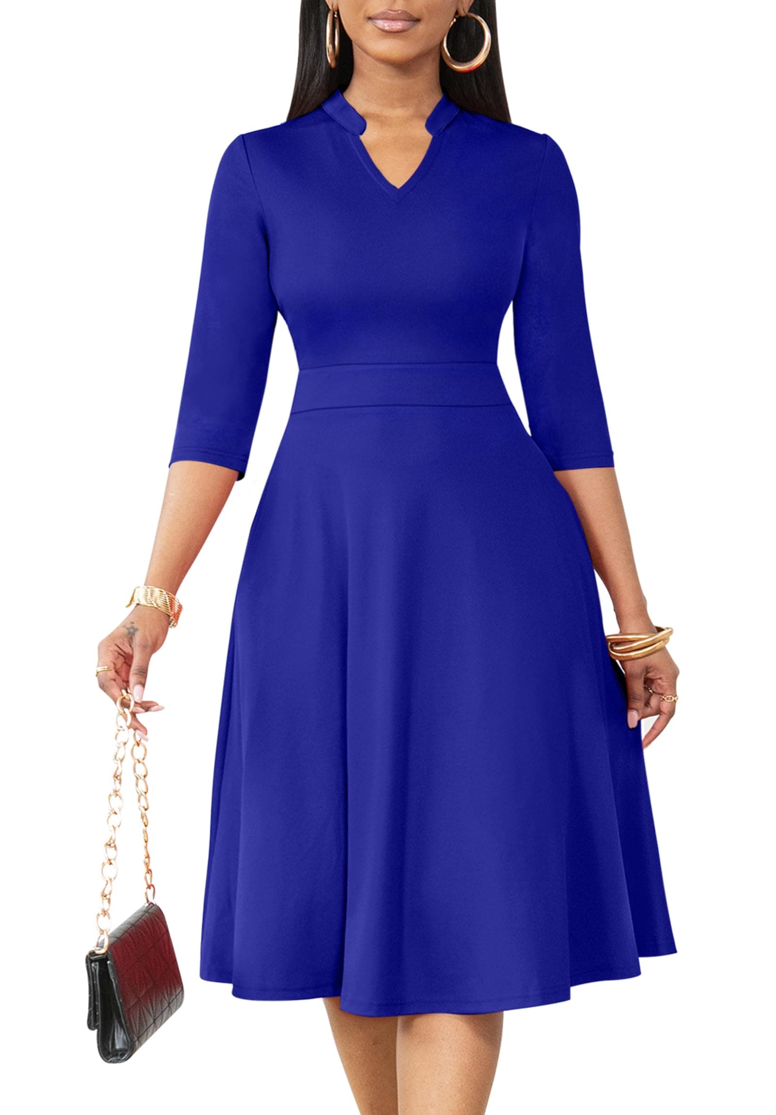 Nmoder Casual Dresses for Women Semi Formal Fit and Flare 3/4 Sleeve A-line Church Work Dress with Pockets