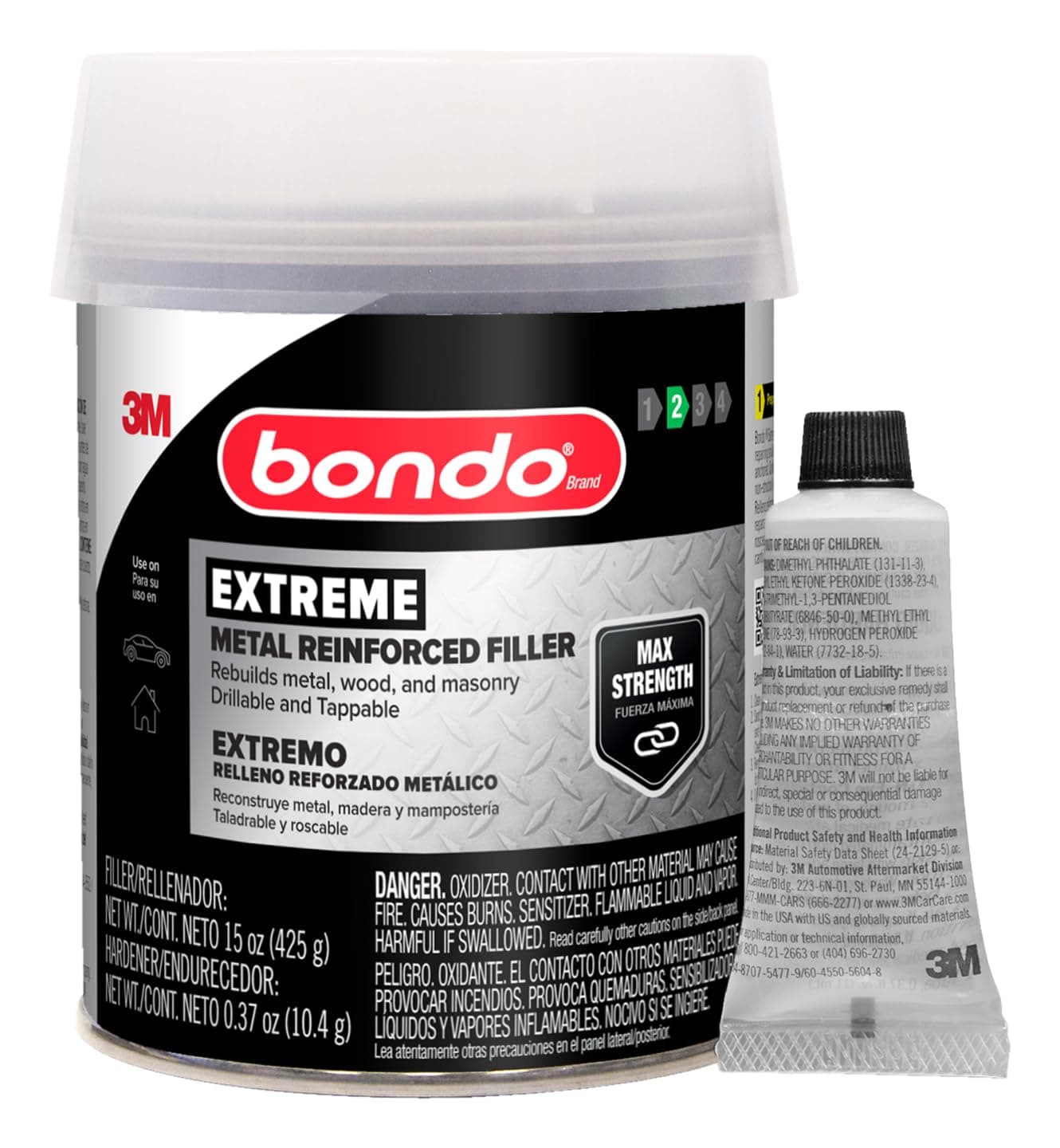 Bondo Metal Reinforced Filler - High Strength Filler, Can be Drilled and Tapped - Will Not Rust, 11.2 Fl oz with 0.37 oz Hardener