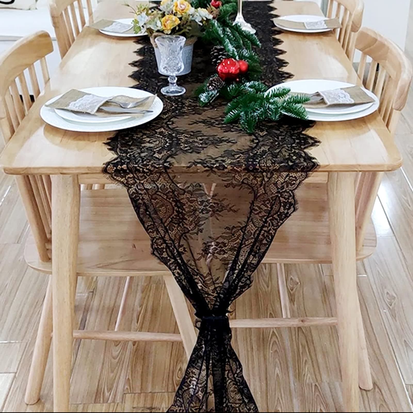 Romantic Vintage Lace Table Runner with Embroidered 18X120inch Black Floral Lace Table Runner for Candlelight Dinners, Wedding Reception Table Decor