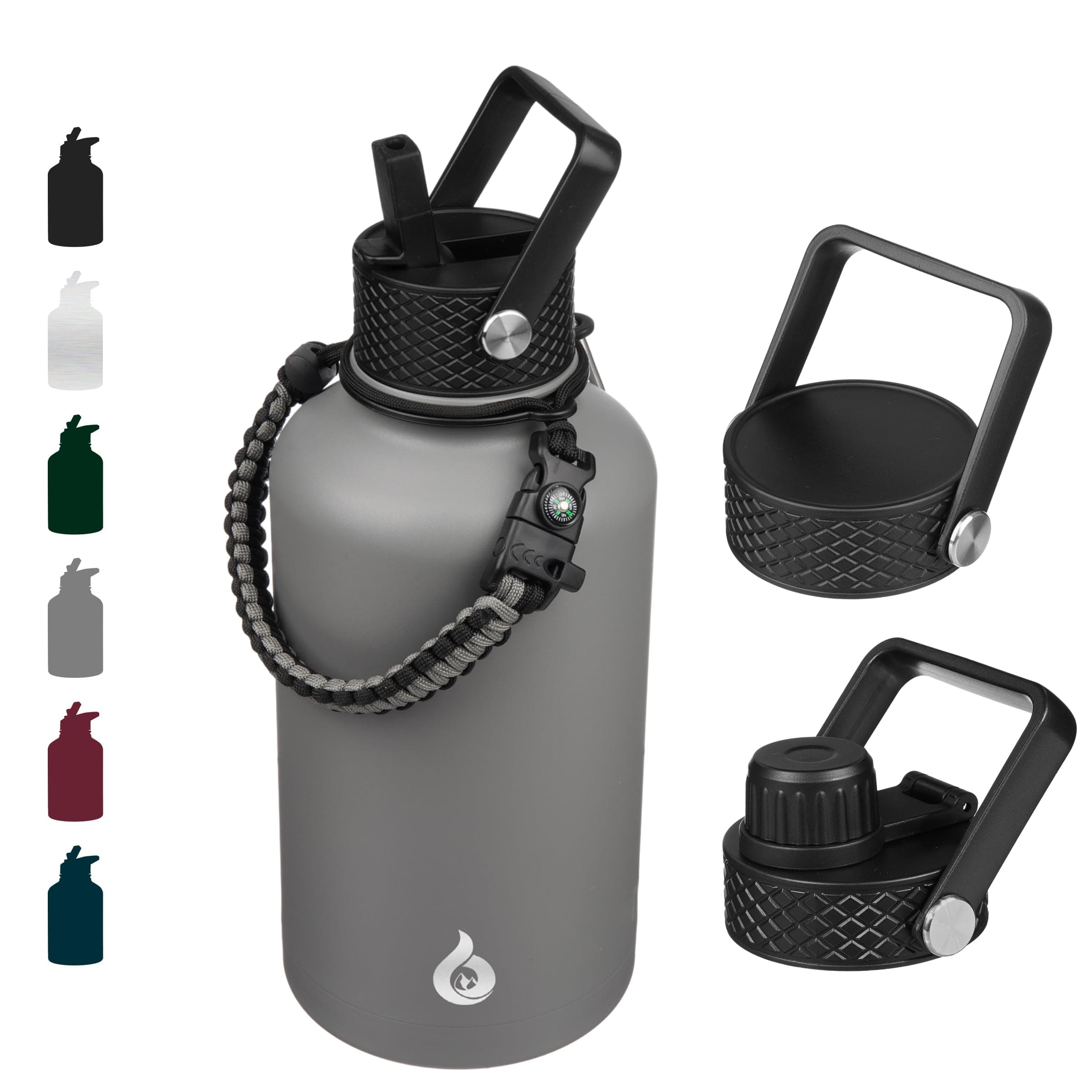 Half Gallon Insulated Water Bottles with Straw Lid, 64oz Large Water Jug, Stainless Steel Bottles with 3 Lids and Paracord Handle, Thermo for Hot & Cold Liquid, Gray