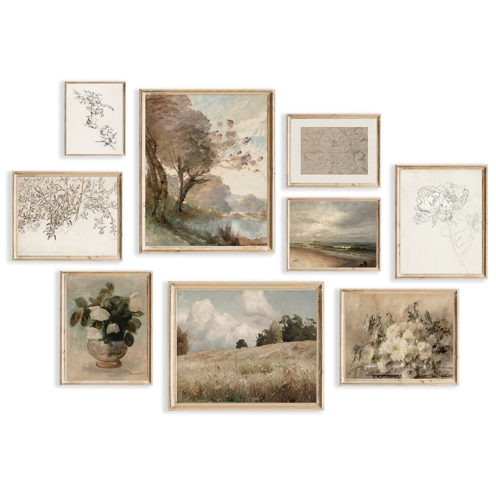 Vintage Wall Art Aesthetic Farmhouse Flower Boho Canvas Prints Rustic Wall Decor for Bedroom Living Room Bathroom Nature Jasmine Fruit Tree Sea Grassland Pictures,UNFRAMED（Floral,9pcs)