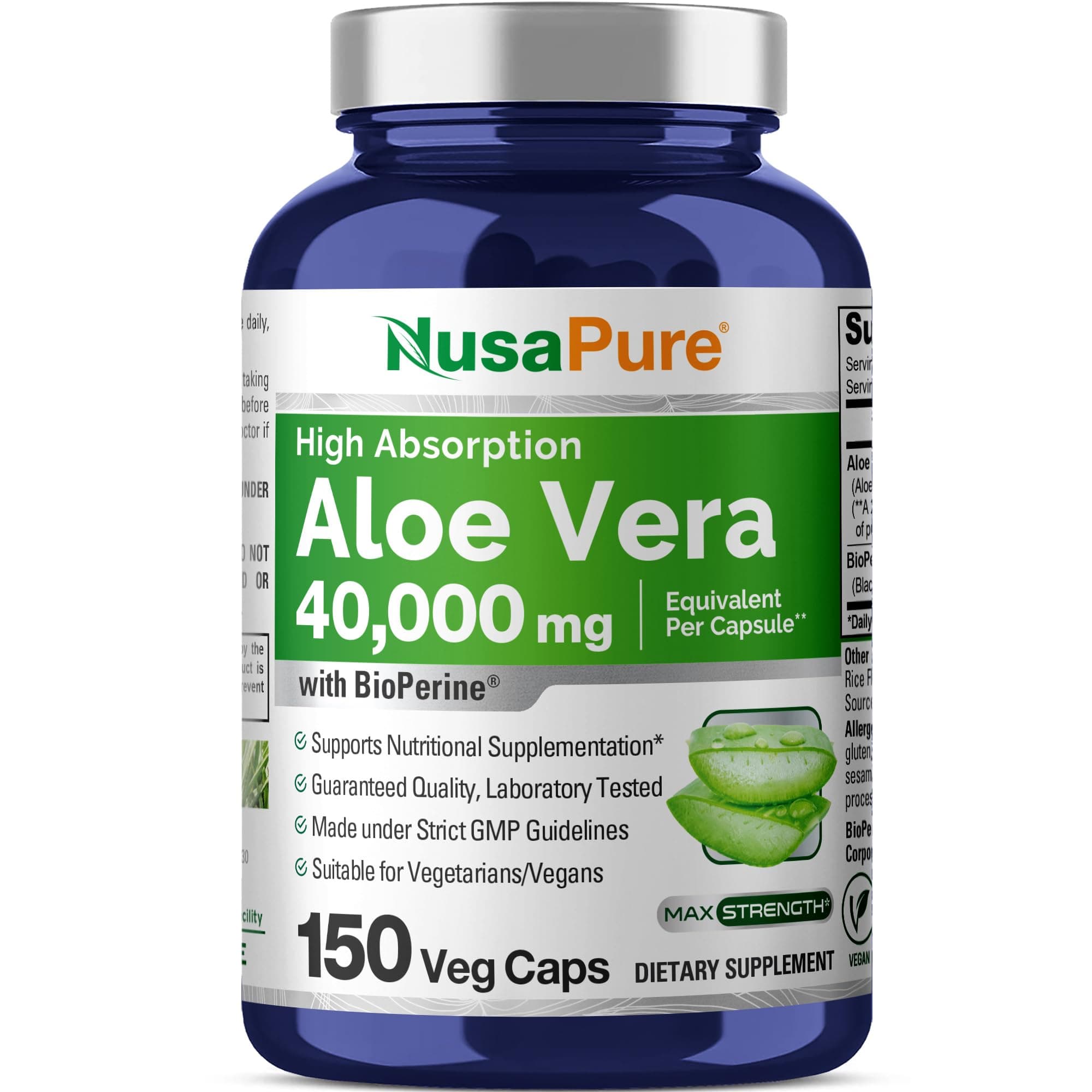 NusaPure Aloe Vera 40,000mg Per Veggie Caps - 150 Count - Aloe Vera Gel Supplement - Extract 200:1, Vegetarian, Non-GMO, Bioperine
