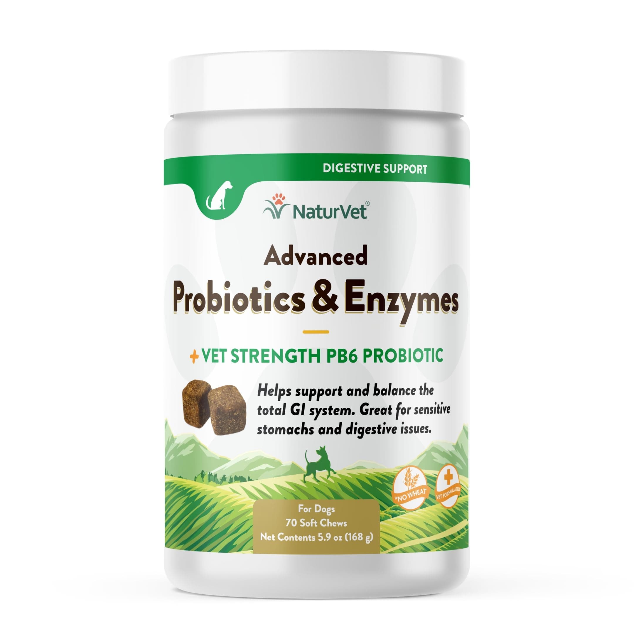 NaturVet Advanced Probiotics & Enzymes, PB6 Dog Soft Chews to Help Sensitive Stomachs and Digestive Issues, Hickory Smoked Bacon Flavored Pet Supplement for Dogs Over 6 Weeks, 70 Count Jar