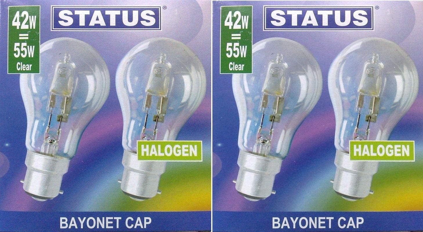 4 x STATUS 42W (=55W-60W) BC B22 B22d GLS Eco Halogen Classic Energy Saving Light Bulbs, Dimmable Lamps, Bayonet Cap, 630 Lumen, Mains 240V Standard Globes
