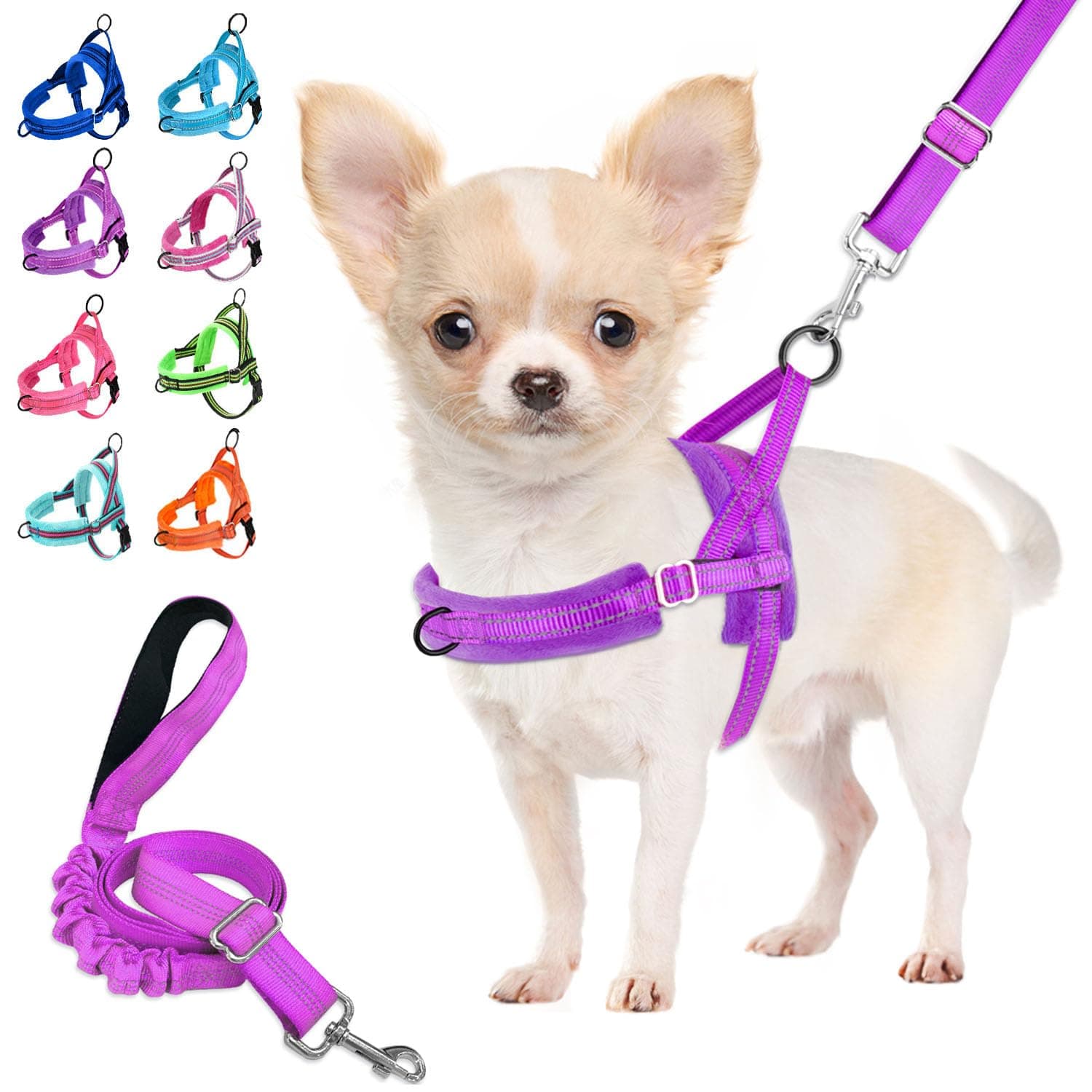 Lukovee No Pull Dog Harness and Leash Set, Soft Padded Small Dog Harness, Neck & Chest Adjustable Reflective Vest Puppy Harness with 4ft Lightweight Anti-Twist Dog Leash for Small Dogs (XXS, Purple)