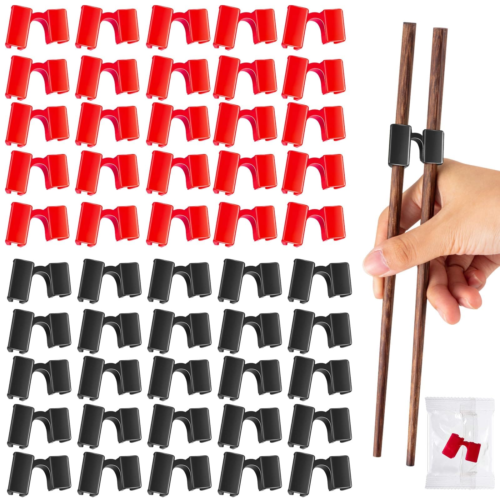 Suttmin 200 Pcs Reusable Chopsticks Helper Chopstick Trainer Multicolor Training Chopsticks Hinges Connector Red Black Plastic Practice Chinese Chop Stick Helper for Adult Learner Beginner Arthritis