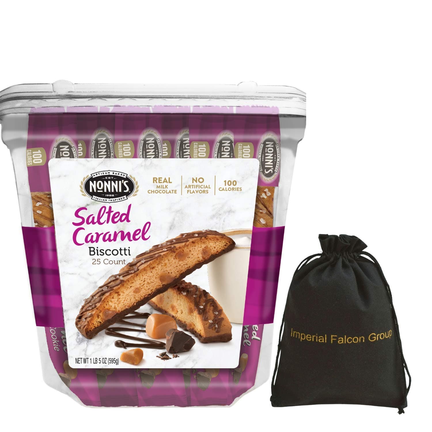 Nonni's Biscotti 25 Count Tub Value Pack 25 Individually Wrapped Biscotti and Imperial Carrying Bag With 3 More Wrapped Biscotti, 28 Total Biscotti