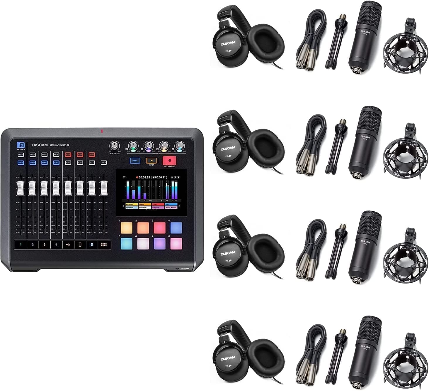 Tascam Podcast Bundle with Four Sets of TM-70 Dynamic Microphones and TH-05 Studio Headphones (MIXCAST4B3)