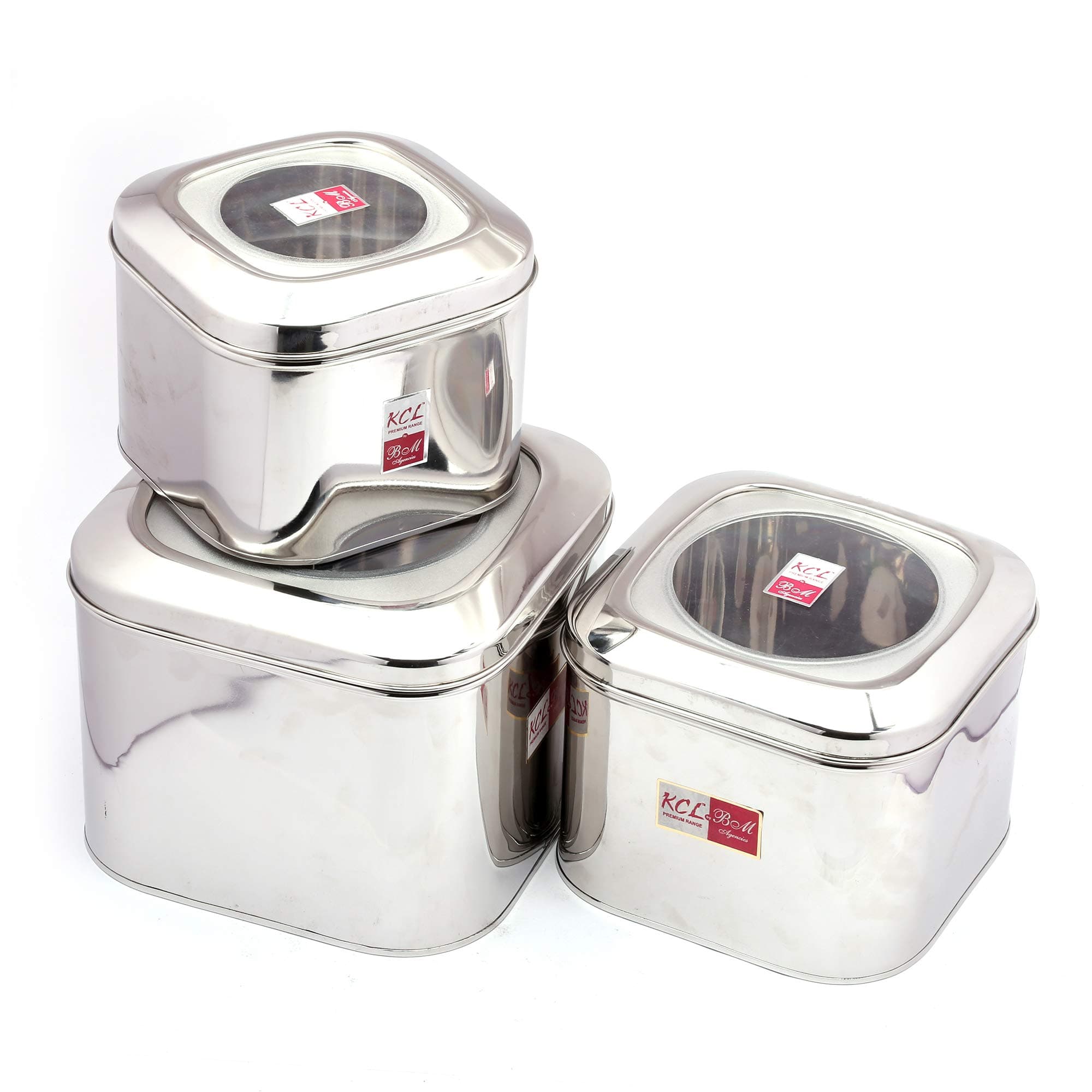 KCL Stainless Steel Cotainers with Glass Lid | Canisters | Dhabba | Storage Containers for Kitchen | Set of 3 | Steel Dibba Box | Tea, Coffe and Sugar Container