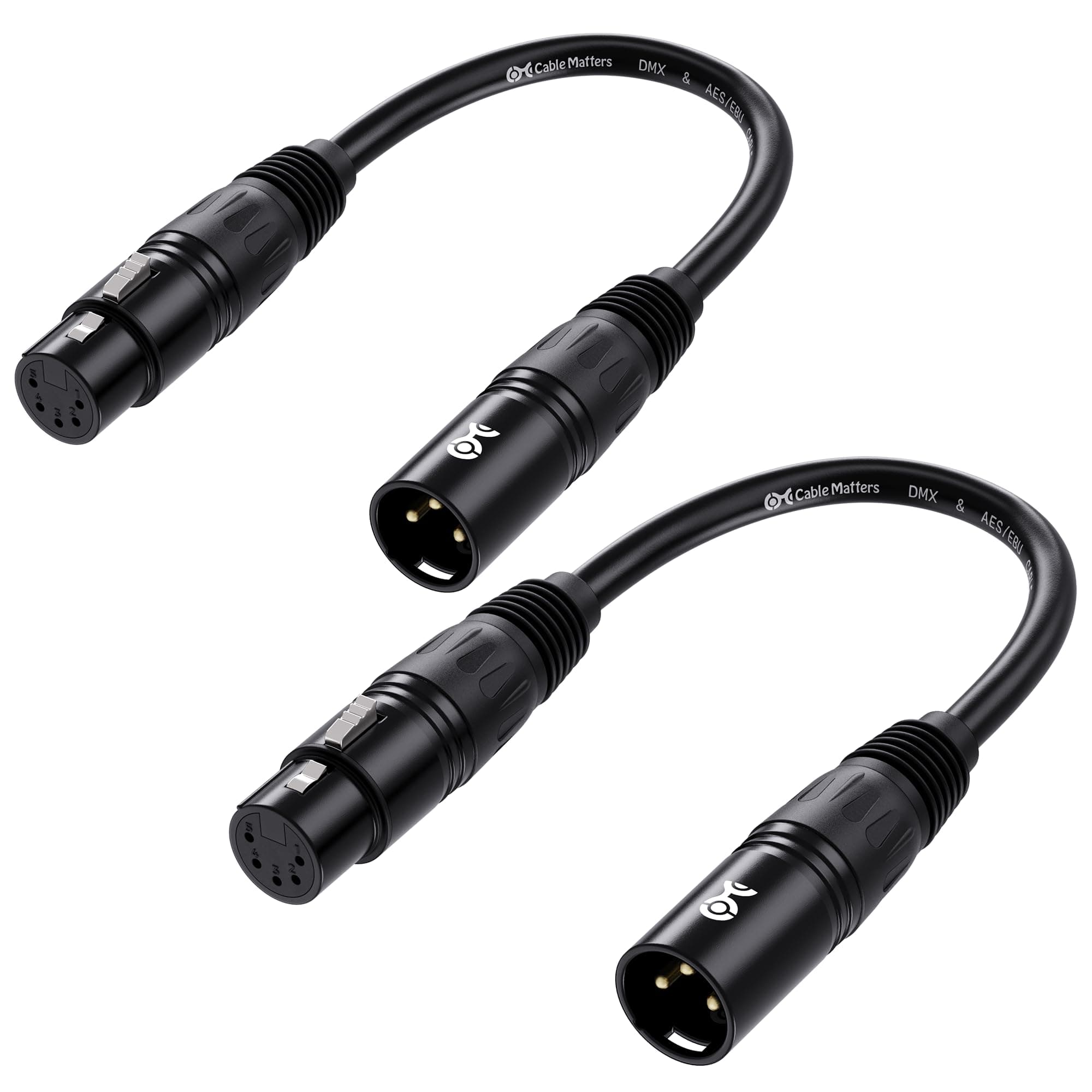 2-Pack 6 Inch XLR DMX Adapter, Male to Female, Black, Ideal for DMX Lighting Systems