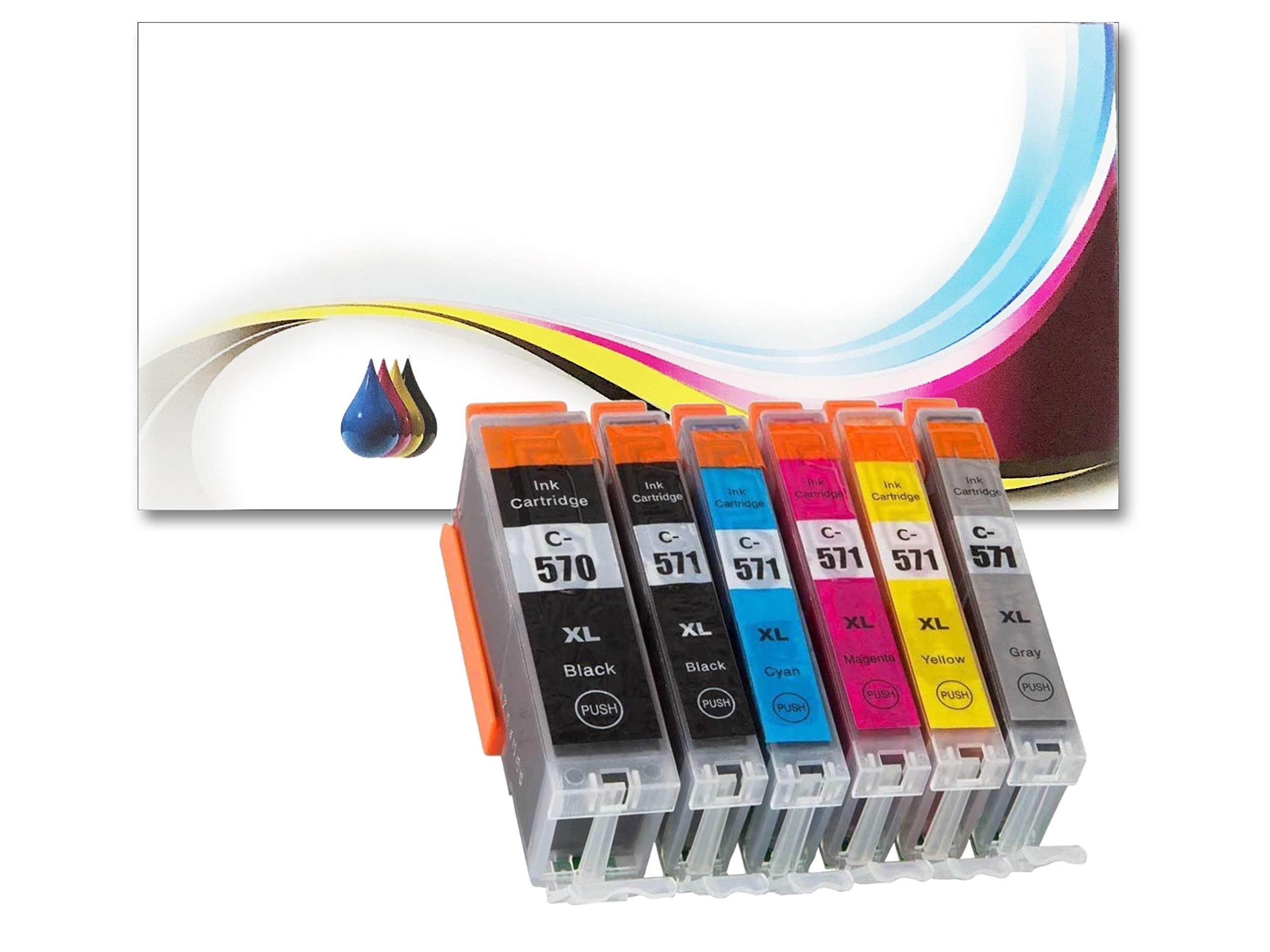 6 pk Black cyan Magenta Yellow and Grey CLI-571XL & PGI570xl Ink Cartridges Compatible with Canon Pixma MG7750 MG7751 MG7752 MG7753 TS8050 TS8051 TS8052 TS8053 TS9050 TS9055 - Grey