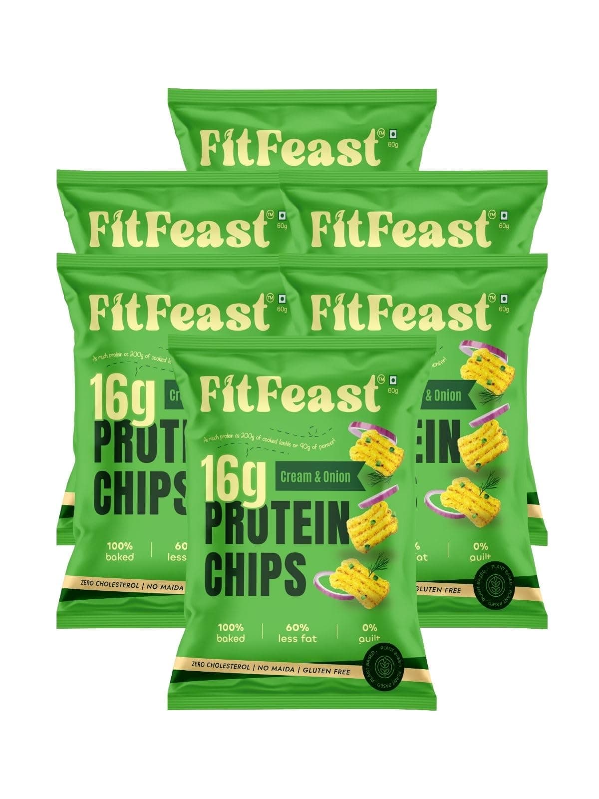 FitFeast Protein Chips - Cream and Onion Flavour | Pack of 6 x 60 g Each | 16g Plant Protein Per Pack | Baked Chips, Not Fried | Multigrain Protein Snacks | As Seen on Shark Tank