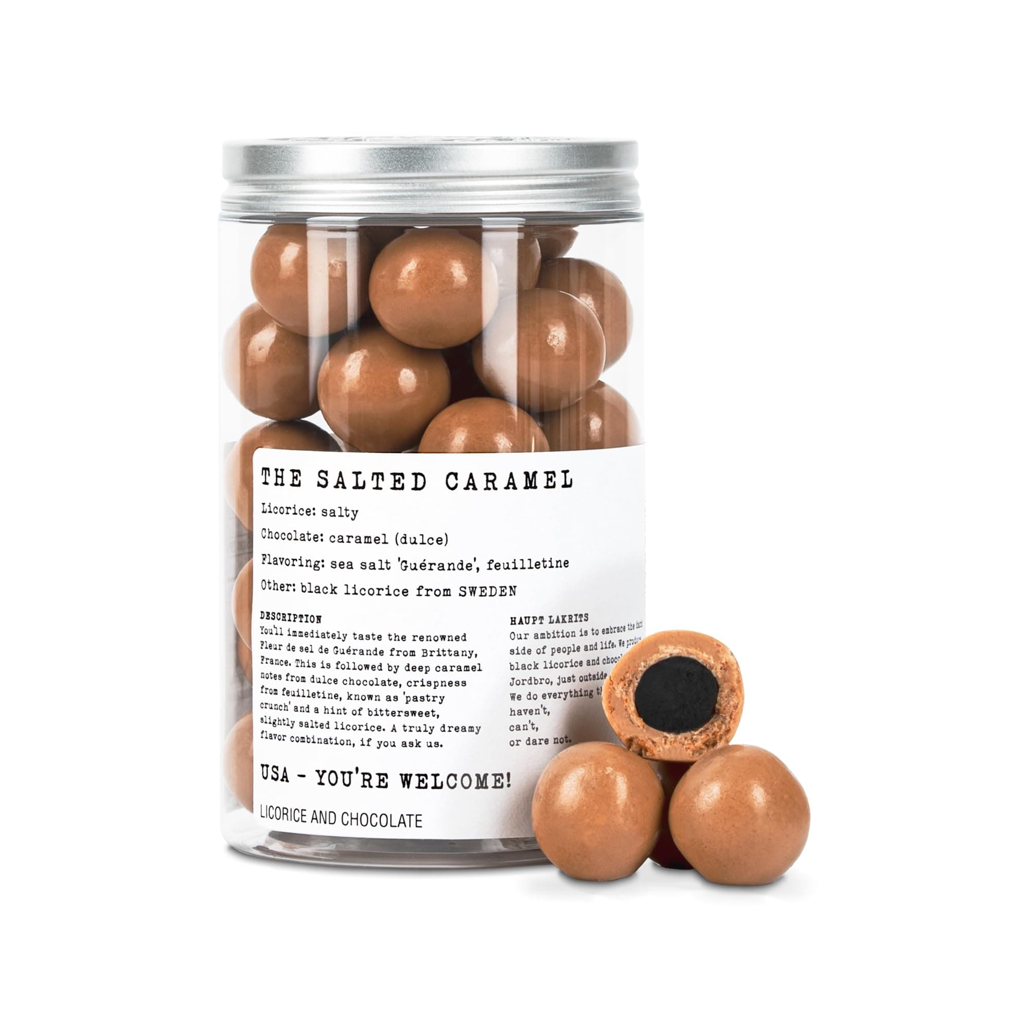 - The Salted Caramel – Salty Black Licorice with Caramelized Dulce Chocolate, Crispy Feuilletine & French Sea Salt – Swedish Small Batch, Gourmet Chocolate & Licorice Candy – 8.8 oz